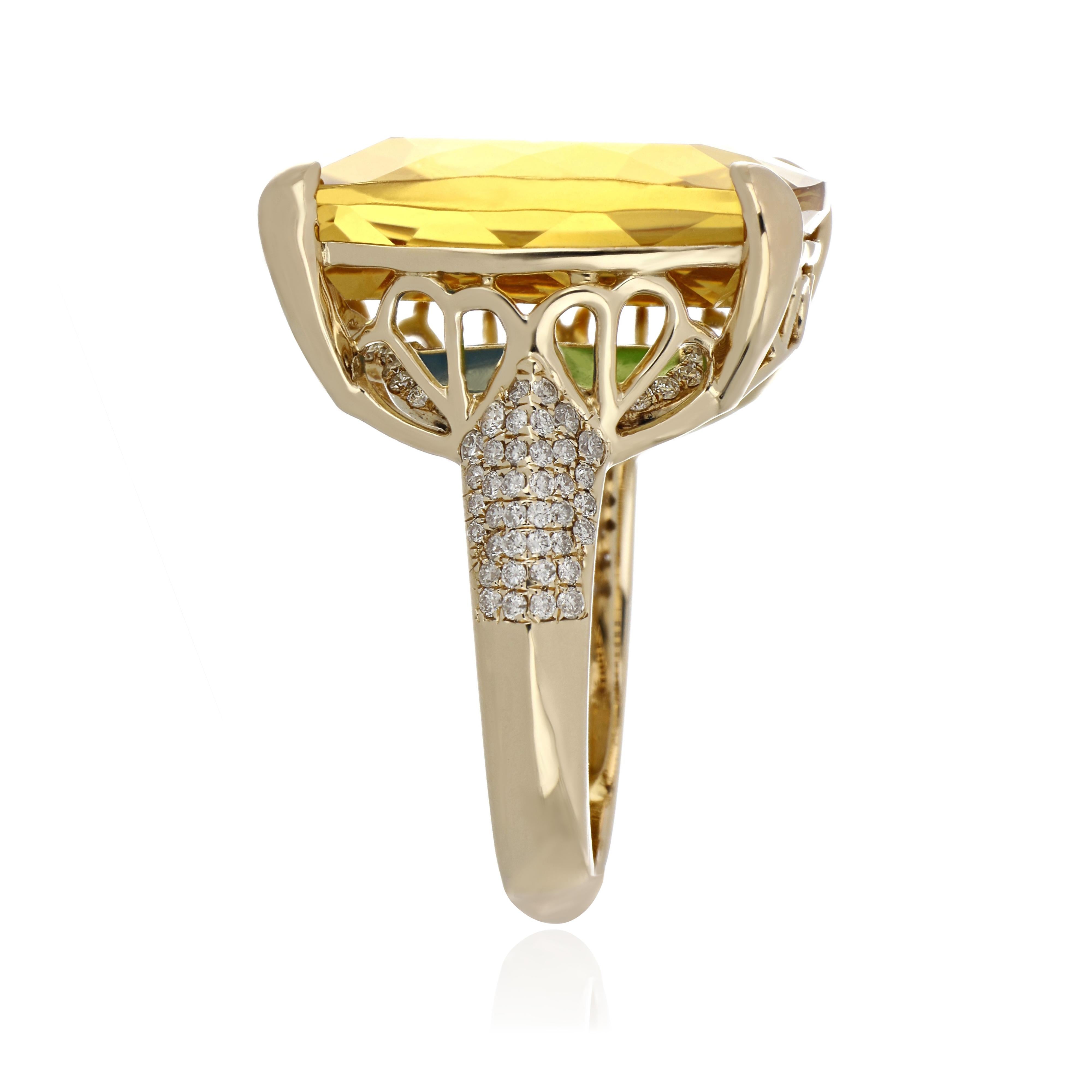 Women's Citrine and Diamond Studded Ring in 14 Karat Yellow Gold For Sale