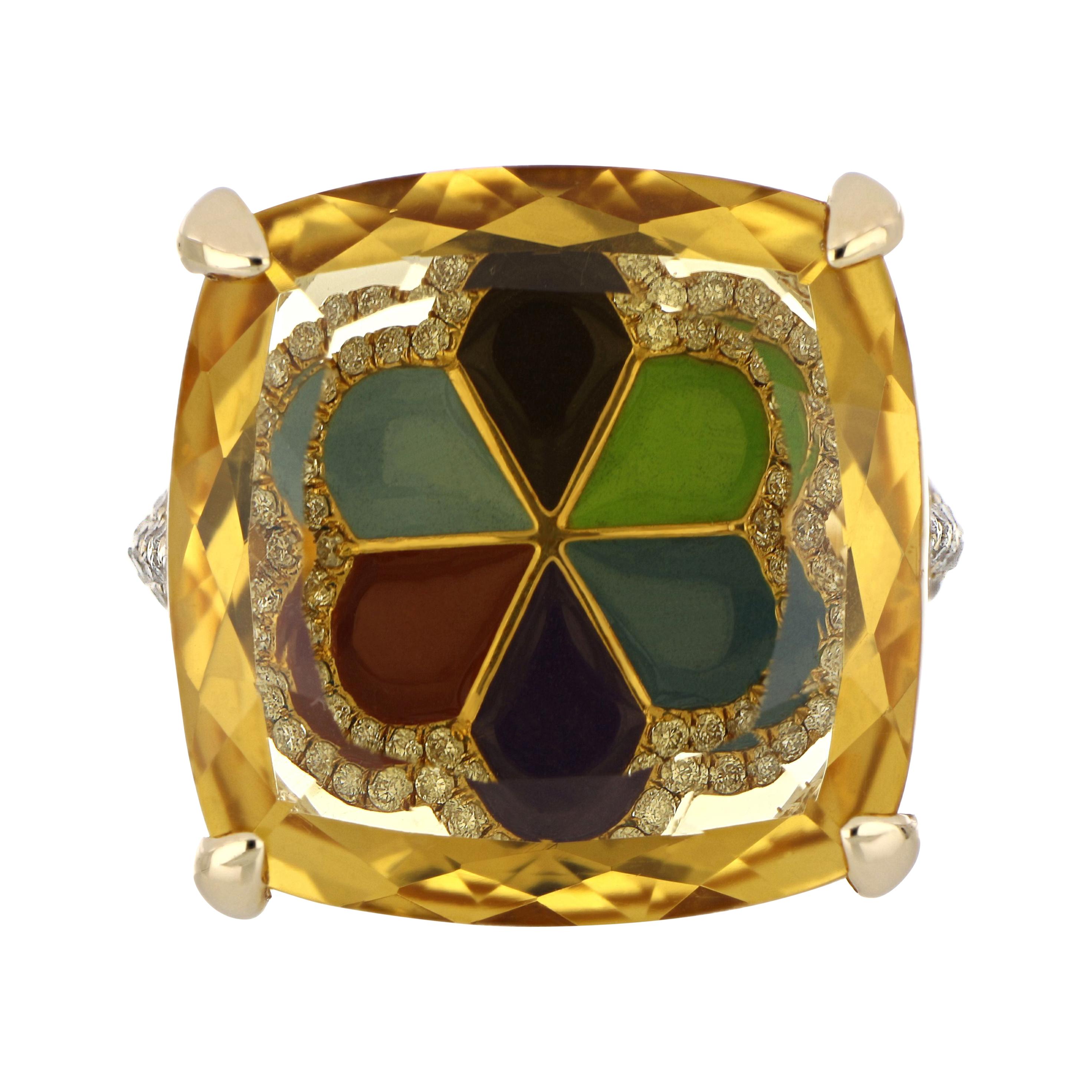Citrine and Diamond Studded Ring in 14 Karat Yellow Gold For Sale