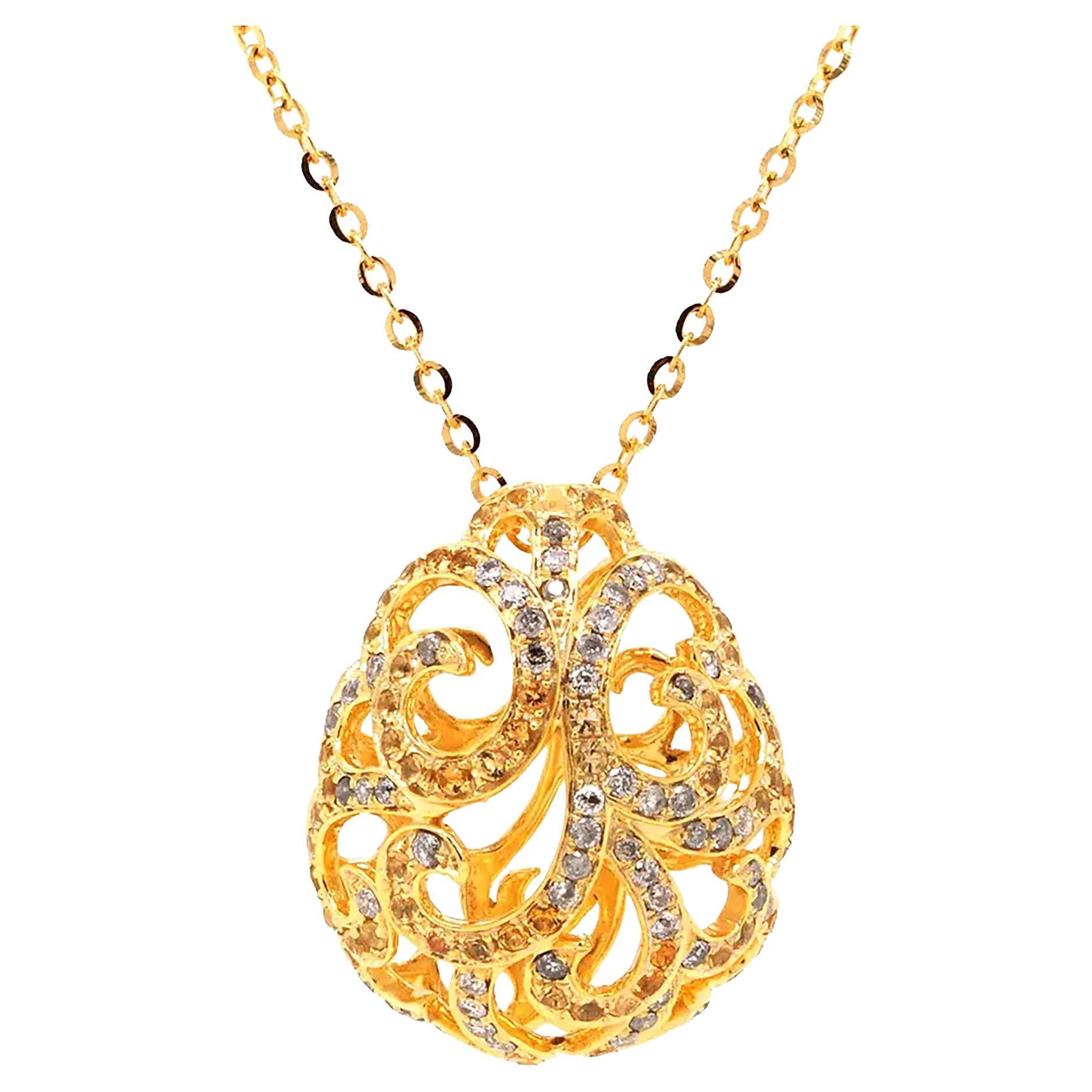 Citrine and Diamond Yellow Gold-Plated 18K White Gold Openwork Pendant Necklace en vente