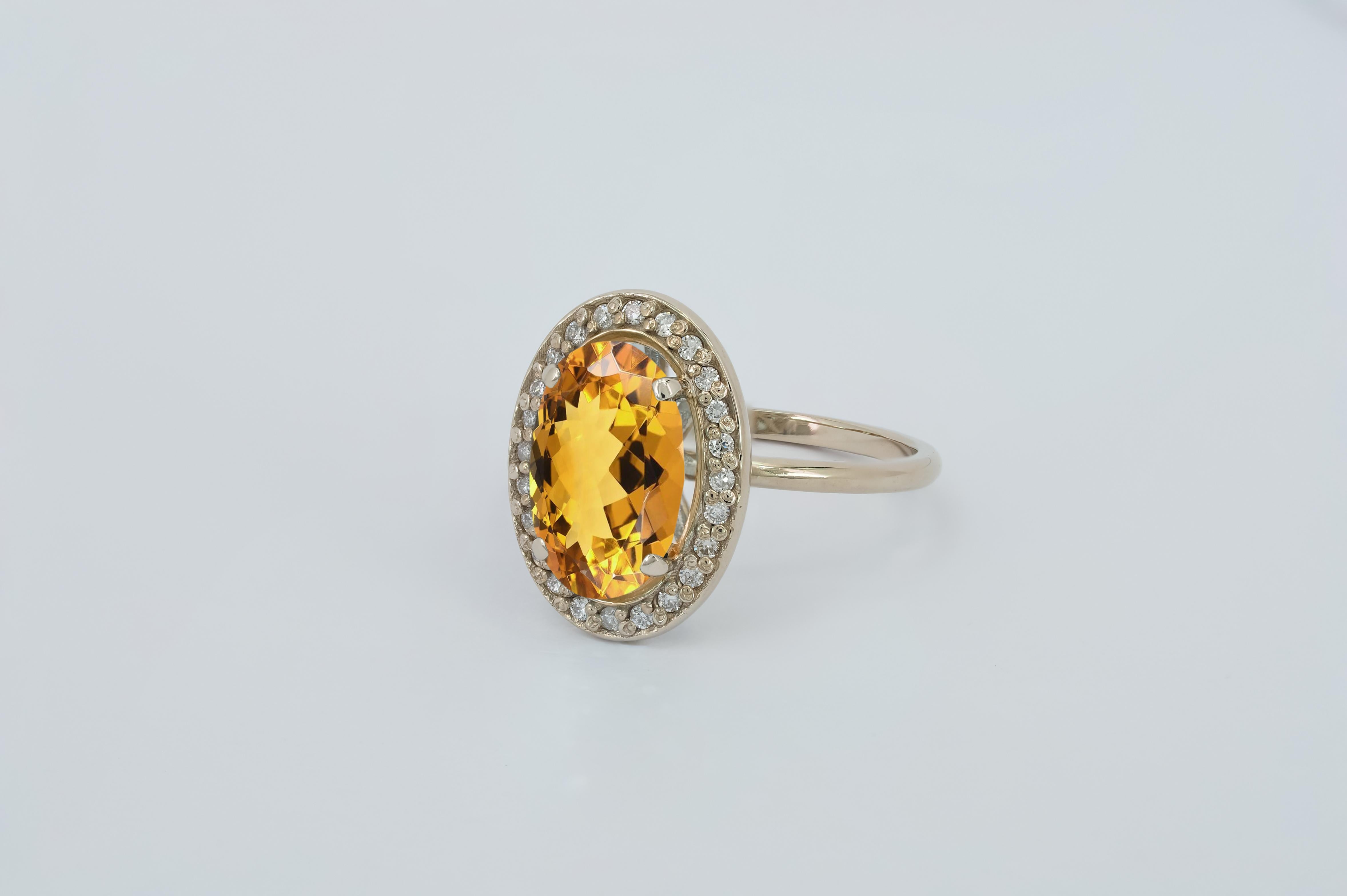 Citrine and diamonds 14k gold ring.  In New Condition For Sale In Istanbul, TR