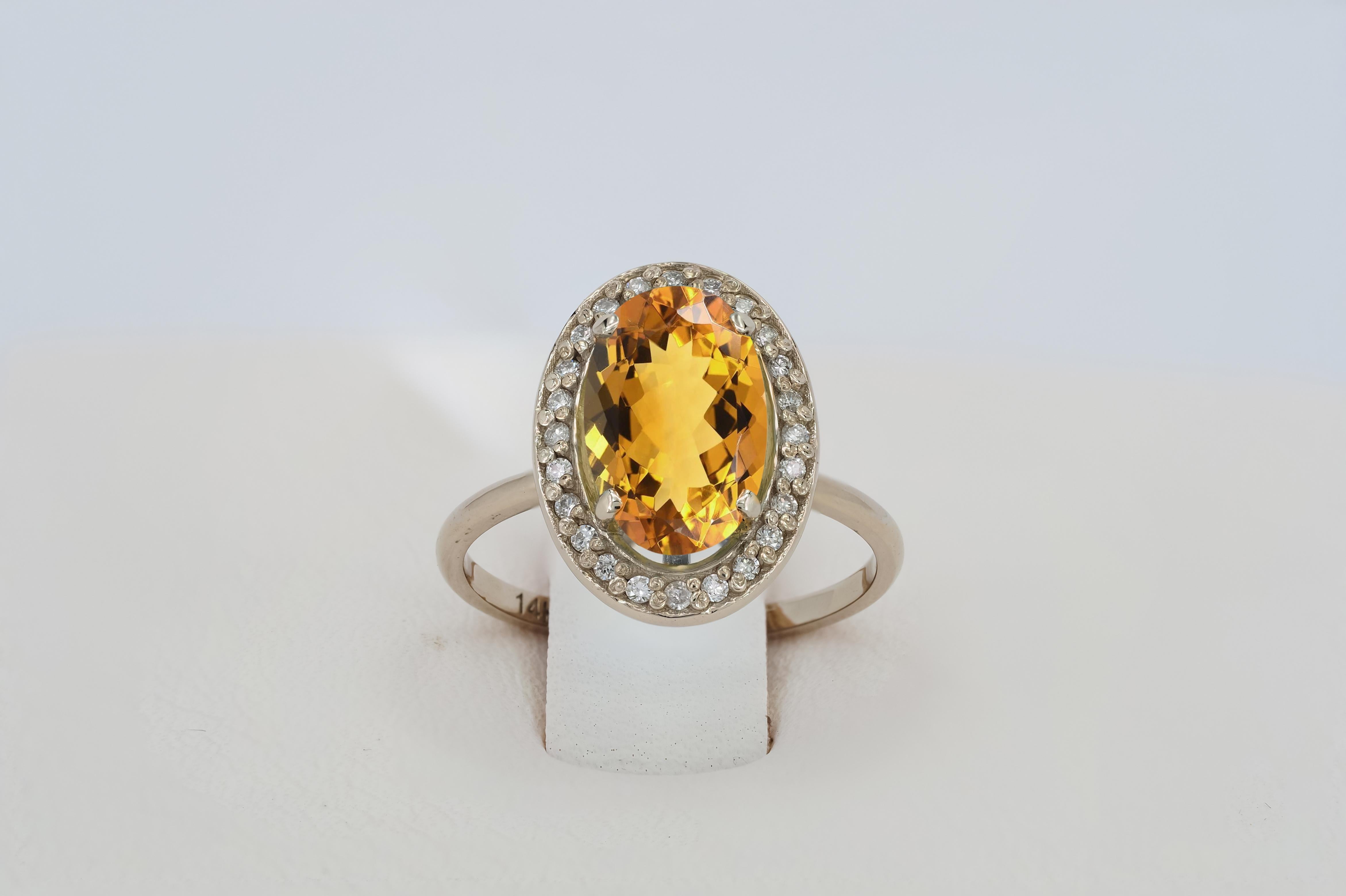 For Sale:  Citrine and diamonds 14k gold ring 6