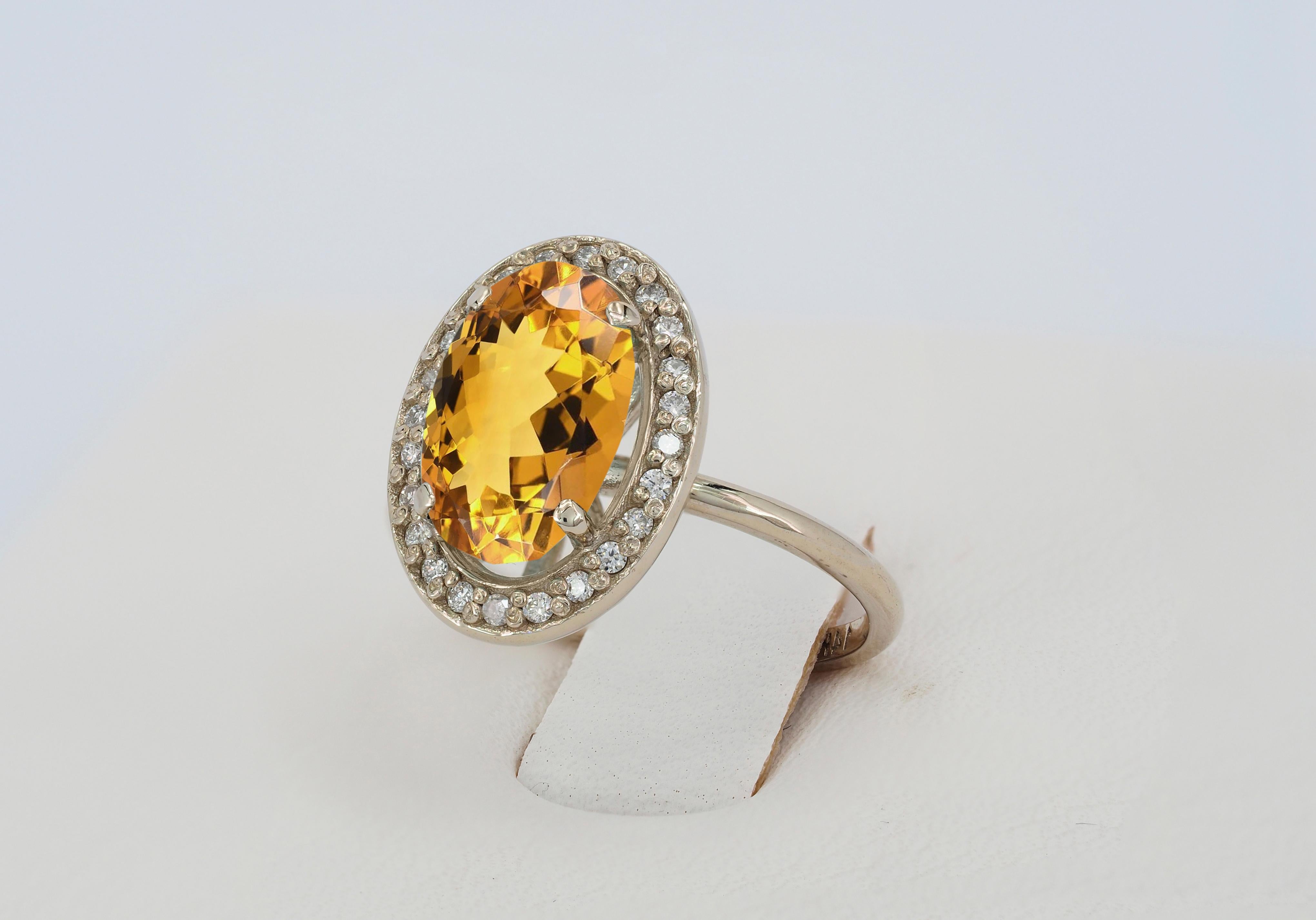 For Sale:  Citrine and diamonds 14k gold ring 7