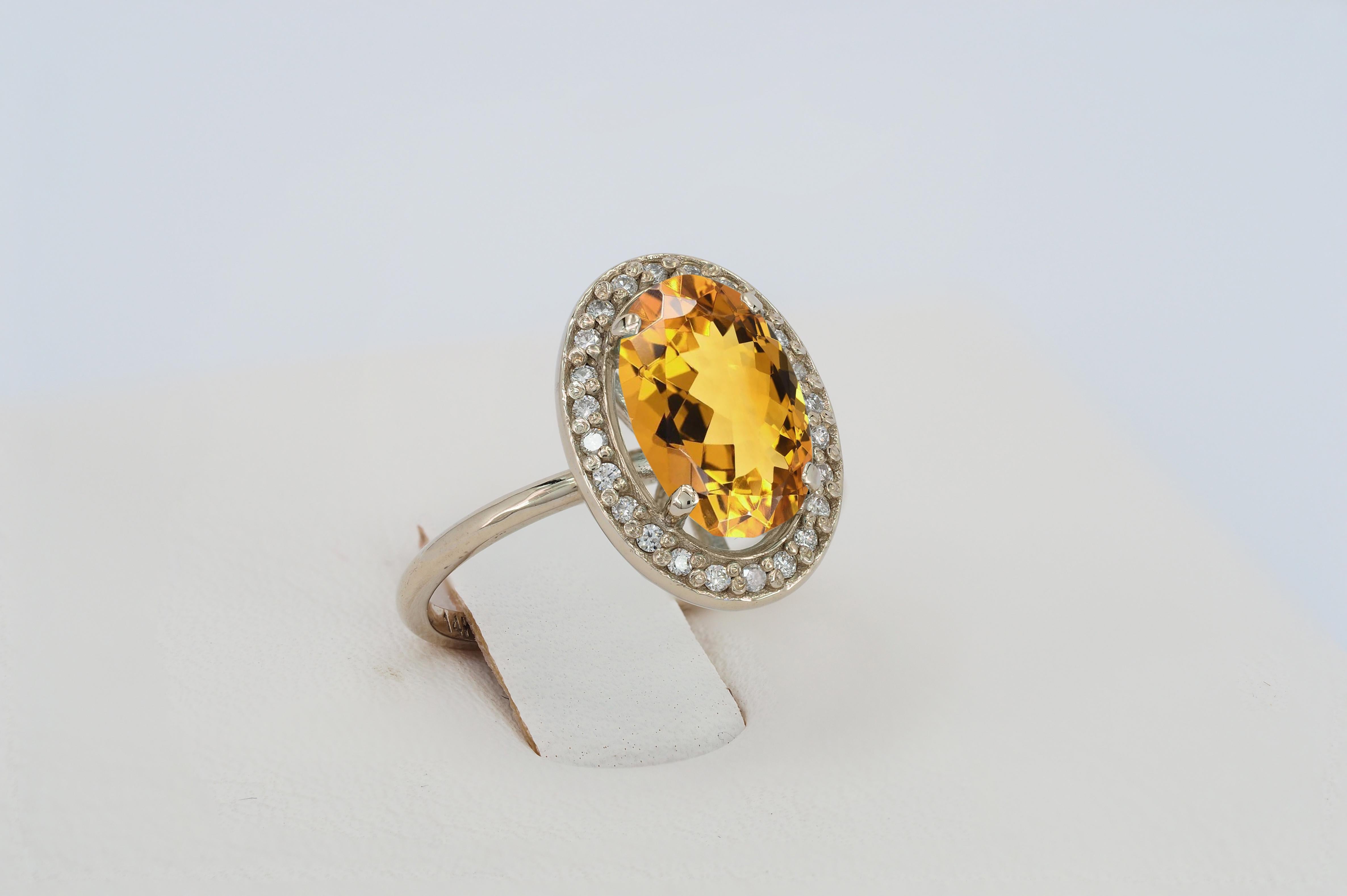 For Sale:  Citrine and diamonds 14k gold ring 8