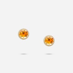 Round Orange Citrine Diamond Halo Statement 18 Karat Rose Gold Stud Earrings