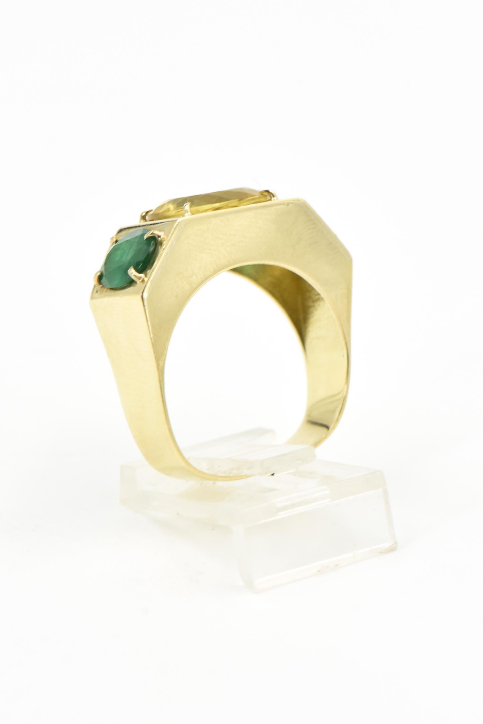 Women's or Men's Citrine and Emerald Three-Stone Cocktail Band Ring