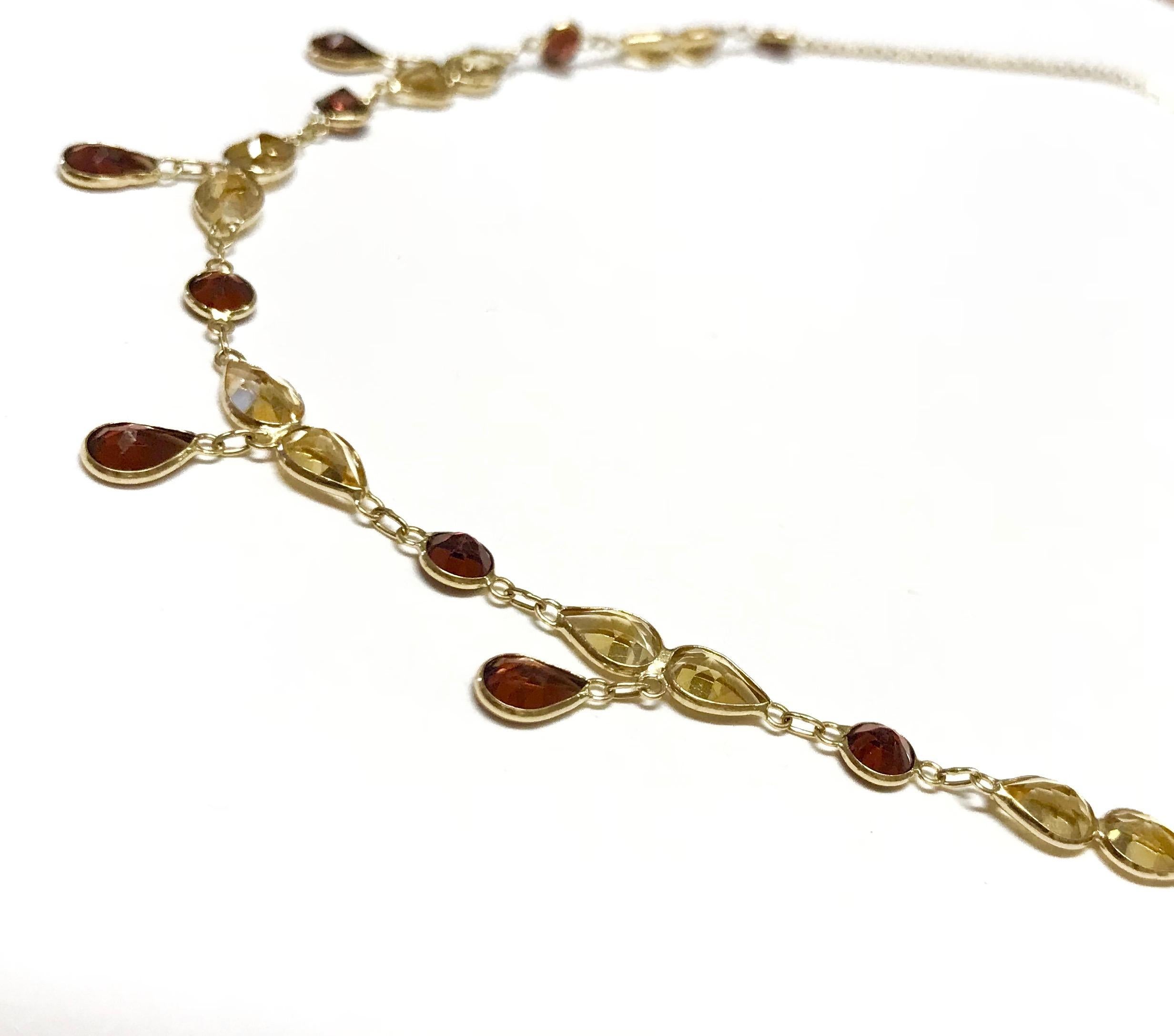 Fun & Bright, this 14K Yellow Gold chocker necklace is adorned with a blend of beautiful Citrine and Garnet stones.

Material: 14k Yellow Gold 
Stone Details: 23 Fancy Cut Citrine & Garnet
Length:  16 Inch (Adjustable)

Fine one-of-a-kind