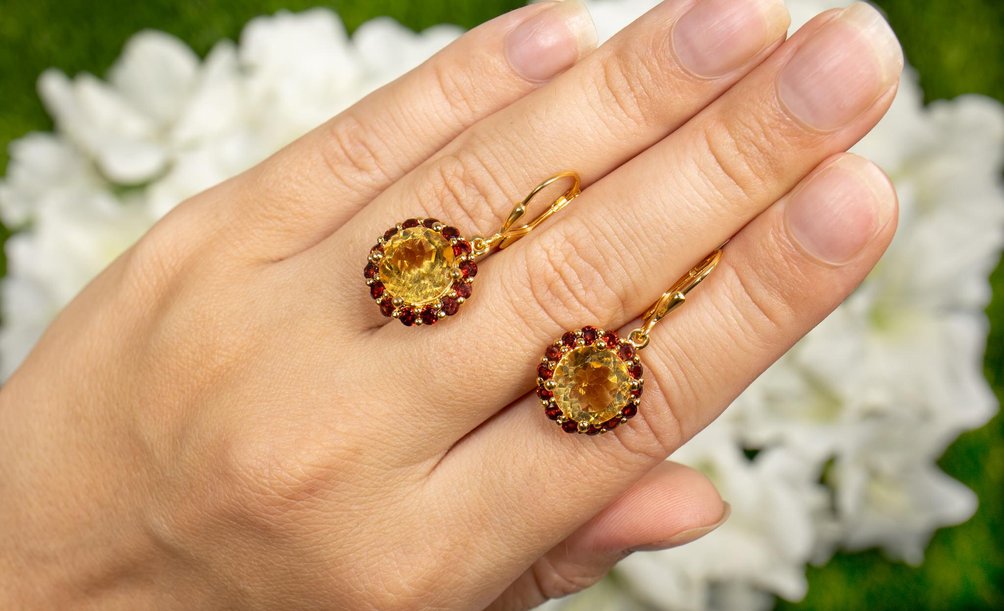 Contemporary Citrine and Garnet Dangle Earrings 6.4 Carats 18K Yellow Gold Plated For Sale