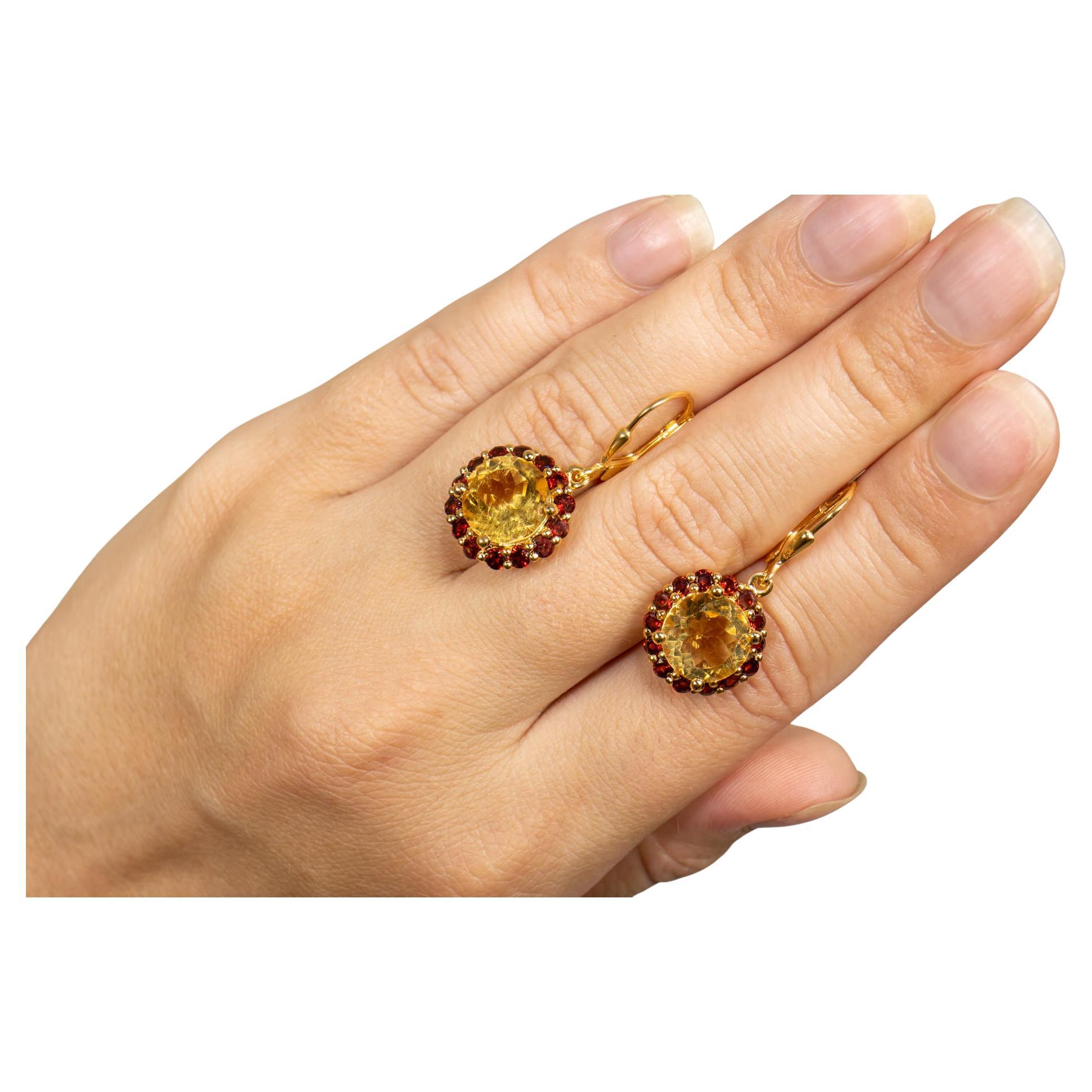 Citrine and Garnet Dangle Earrings 6.4 Carats 18K Yellow Gold Plated