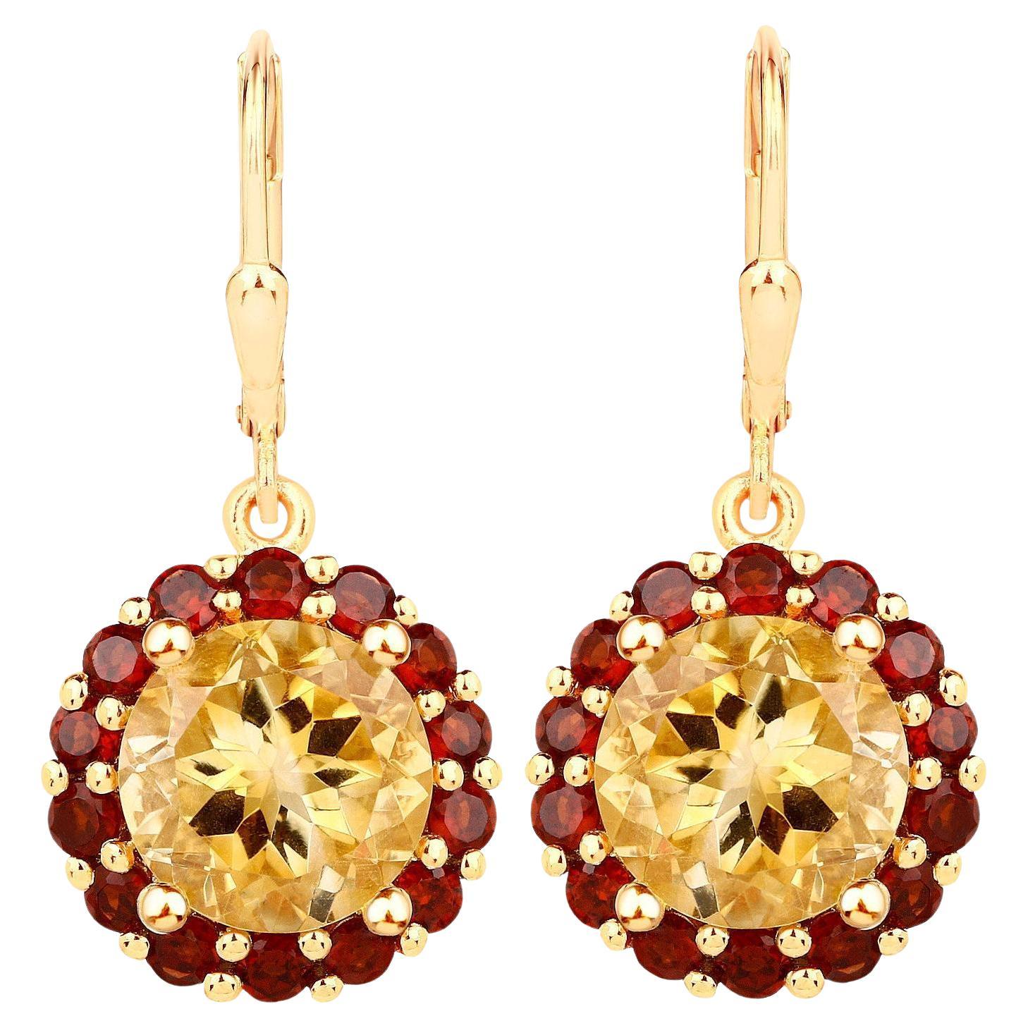 Citrine and Garnet Dangle Earrings 6.4 Carats 18K Yellow Gold Plated For Sale