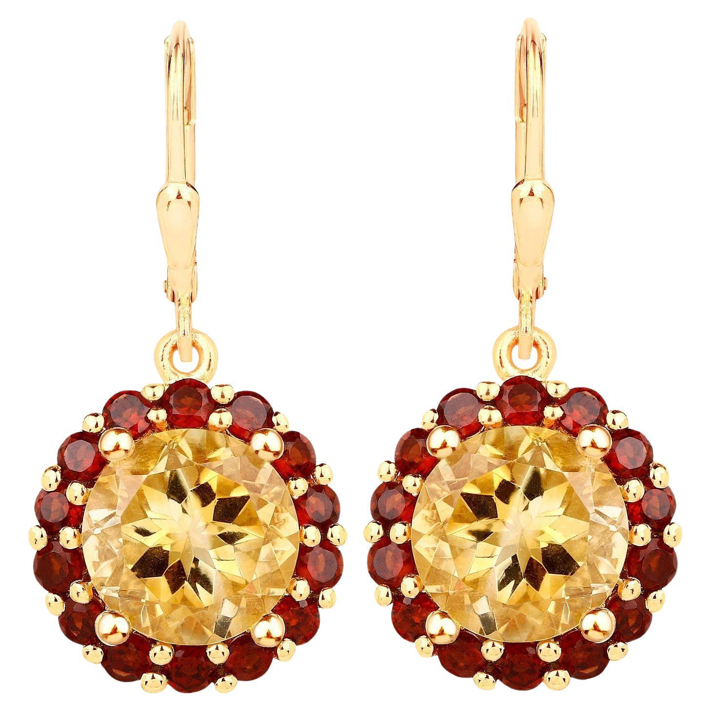 Pendants d'oreilles plaqués or jaune 18 carats, citrine et grenat 6,4 carats en vente