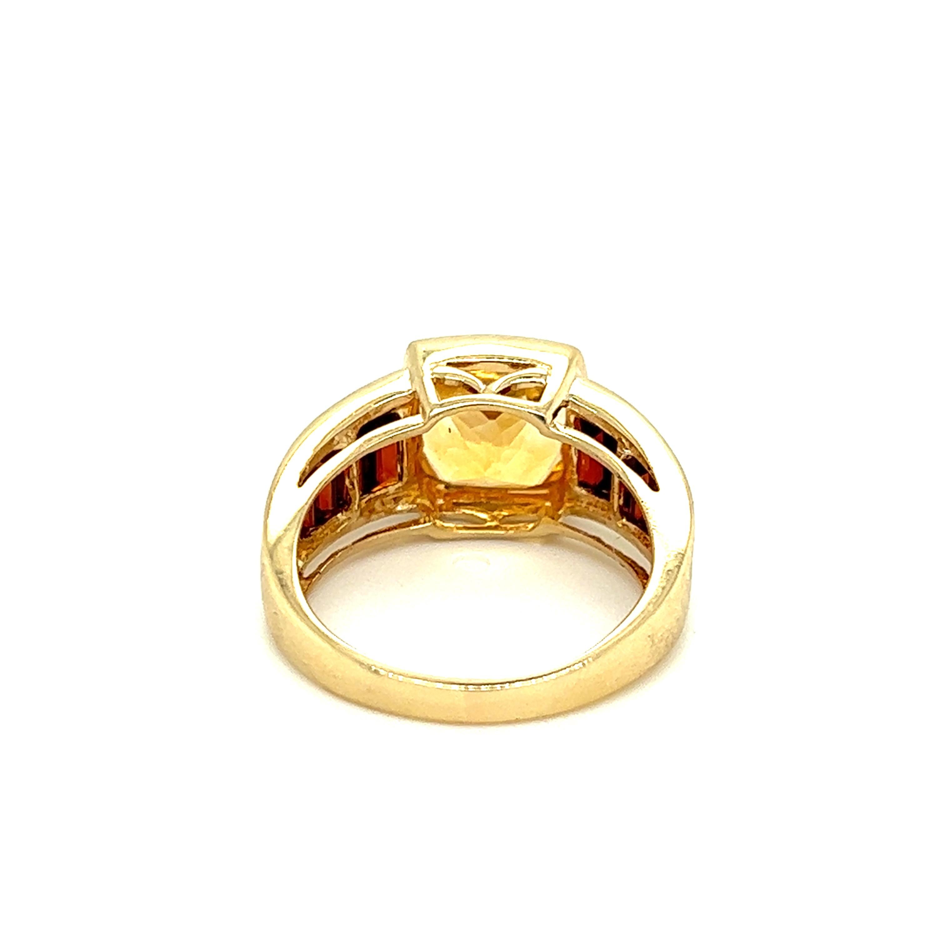 Cushion Cut Citrine and Garnet Ring in 14k Yellow Gold