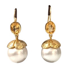 Citrine and Glass Pearl Hook Earrings