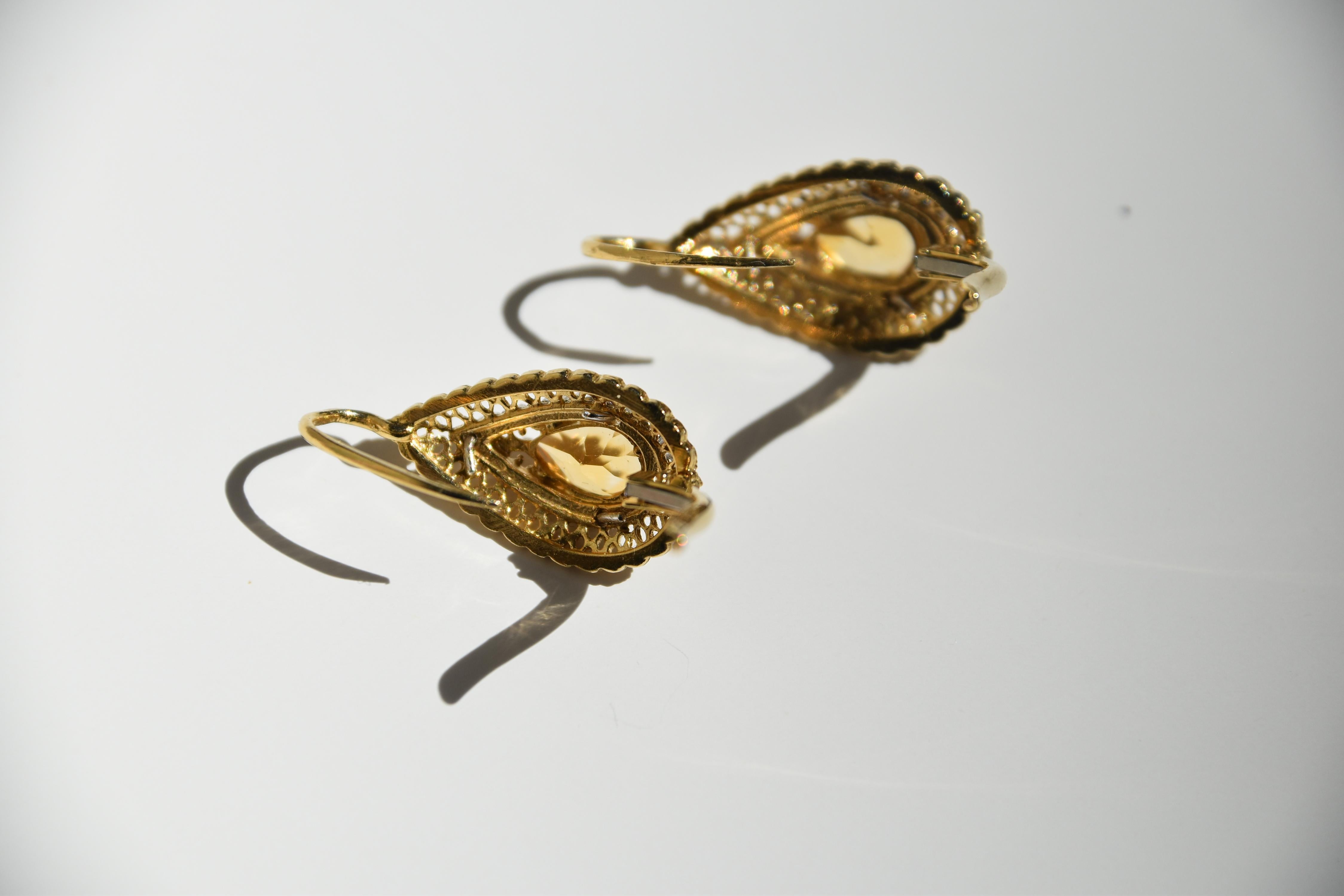 Pendants d'oreilles en citrine et filigrane d'or Excellent état - En vente à London, GB
