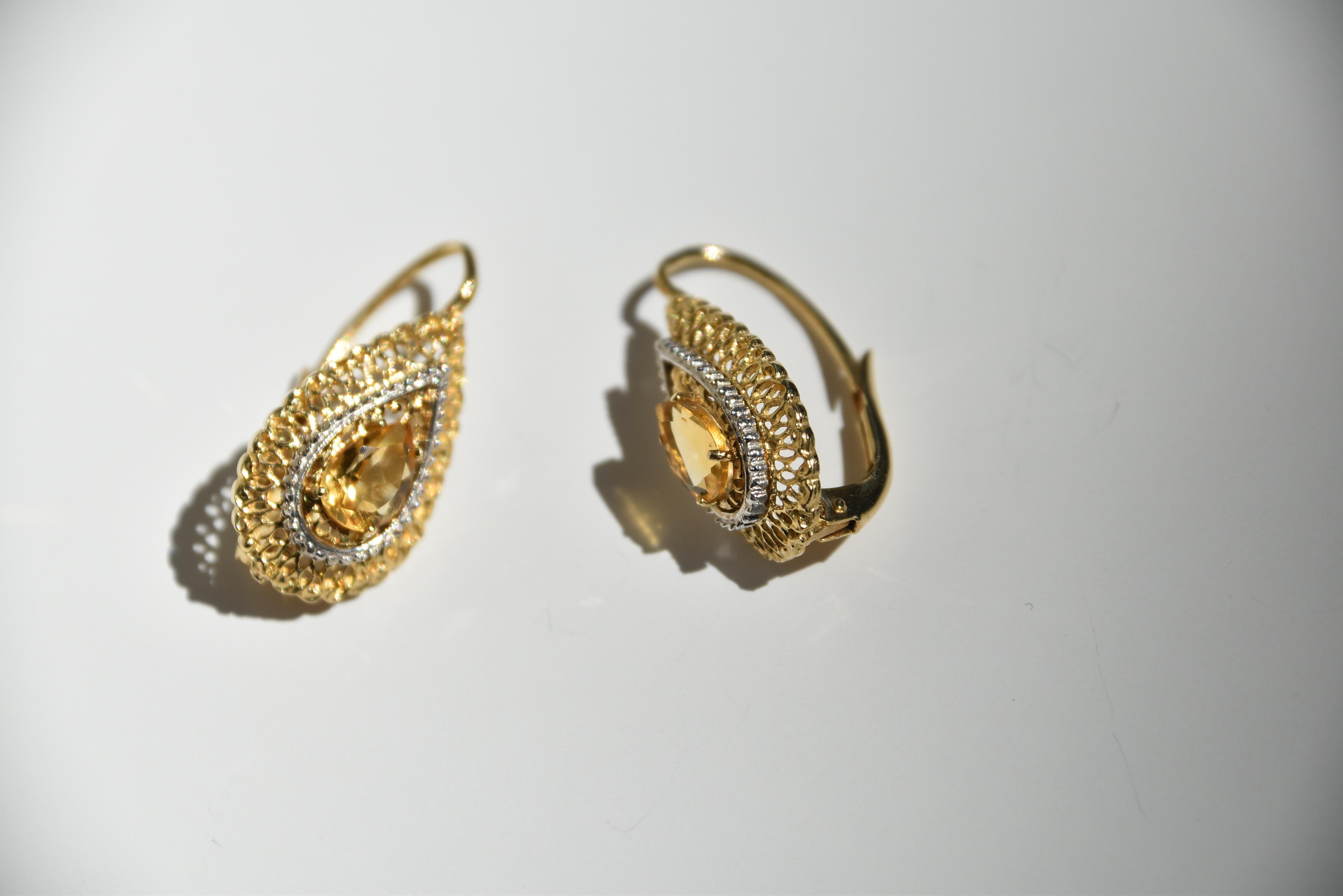 Pendants d'oreilles en citrine et filigrane d'or Unisexe en vente