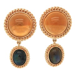 Citrine and Labradorite Cabochon Double Dangle Earrings in 14K Yellow Gold