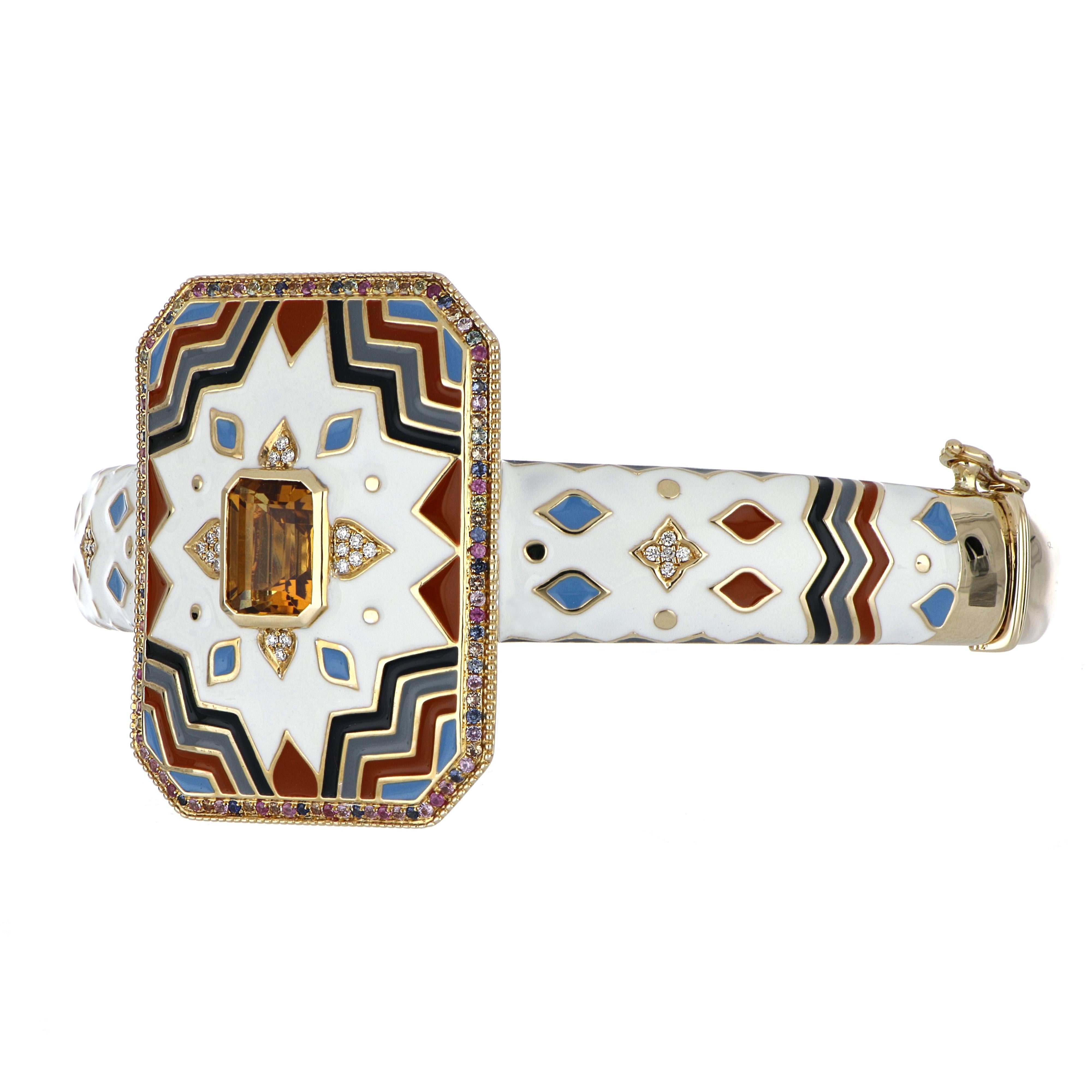 Elegant and exquisitely details Enamel Bangle in 14 KYG center set with 2.57 Cts. Octagon Cut Citriine. Surrounded with Diamonds, weighing approx. 0.10 Cts. enhanced with detailed Multi Color Enamel and 0.85 Cts (Total) Multi Colored Sapphire