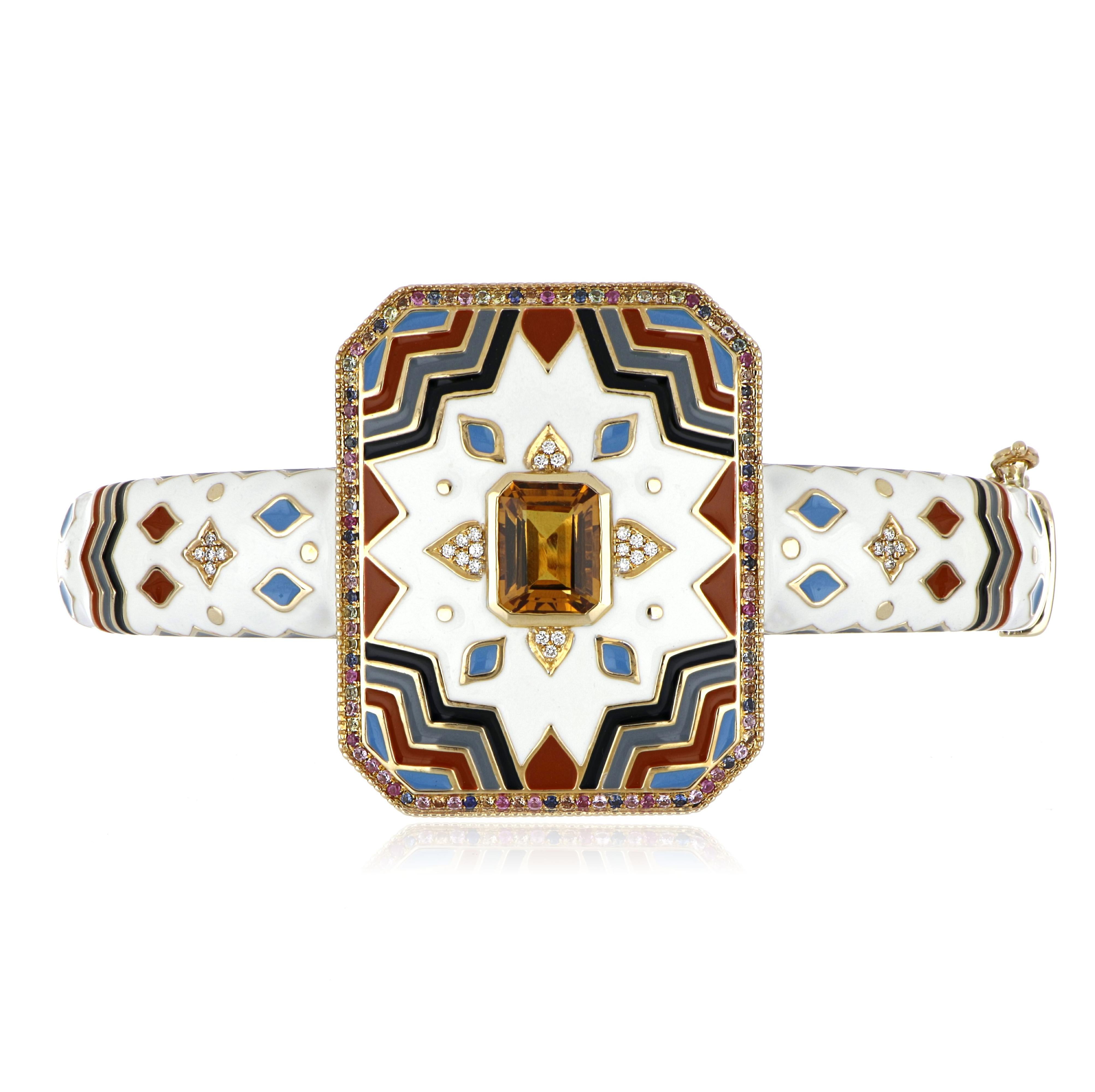 Bracelet jonc en or jaune 14 carats, émaillé de citrine et de plusieurs saphirs et diamants en vente 1