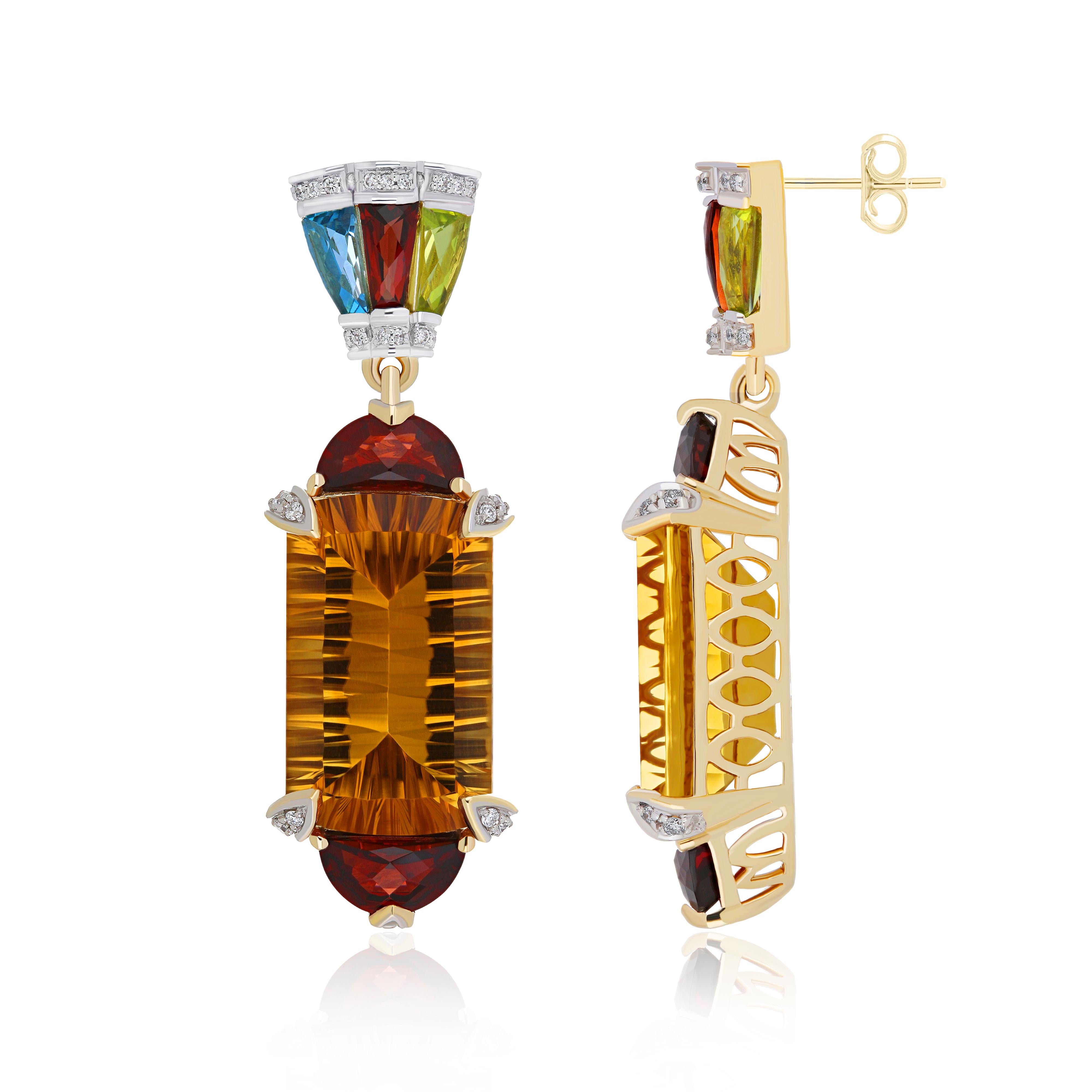 Elegant and Exquisitely Detailed 14 Karat Yellow Gold Earring, Centre Set with 19.50 Cts. (approx.) Fancy Shape Citrine, accented with D shape Garnet weighing approx 4.34Cts, Tapper Baguette Swiss Blue Topaz with 0.68Cts(approx.), Tapper Baguette