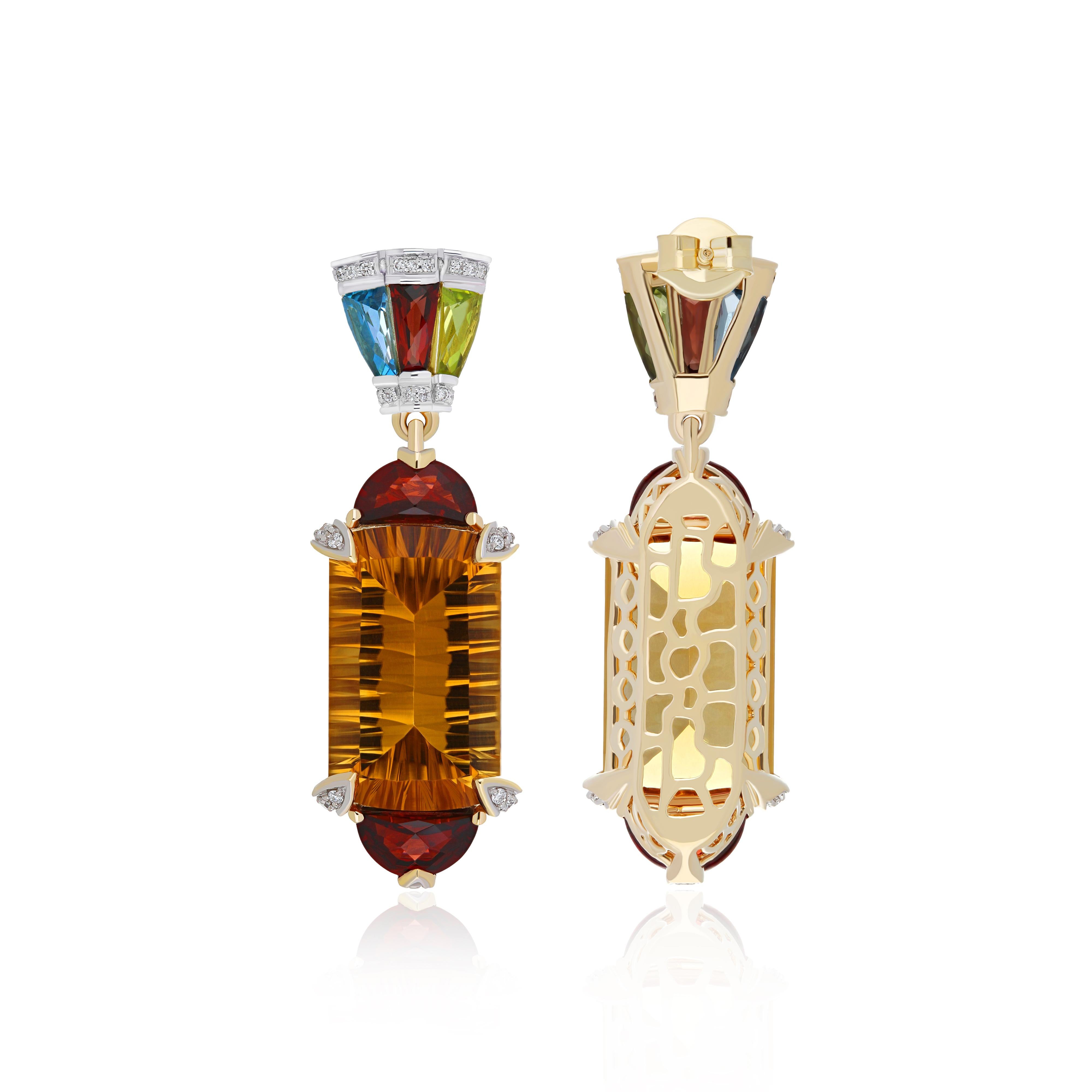 Mixed Cut Citrine and Multi-Stone Diamond Studded 14 Karat Yellow Gold Earring For Sale