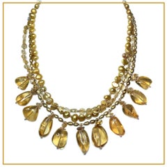 Citrine and Pearl Triple Strand Necklace