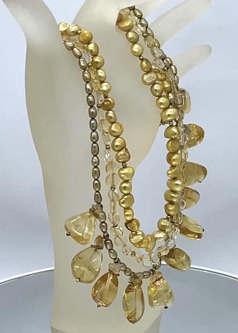 Regency Citrine and Pearl Triple Strand Necklace