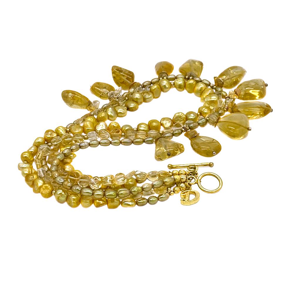 Bead Citrine and Pearl Triple Strand Necklace