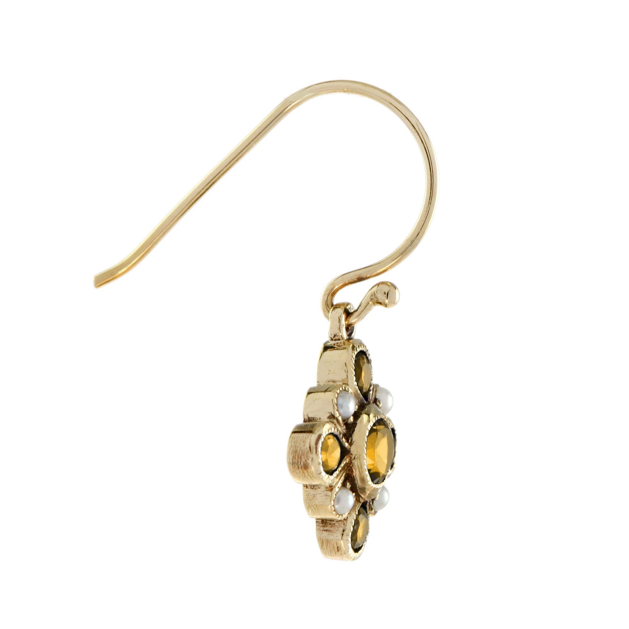 Art Déco Orecchini a grappolo in stile vintage con citrino e perla in oro giallo 9K in vendita