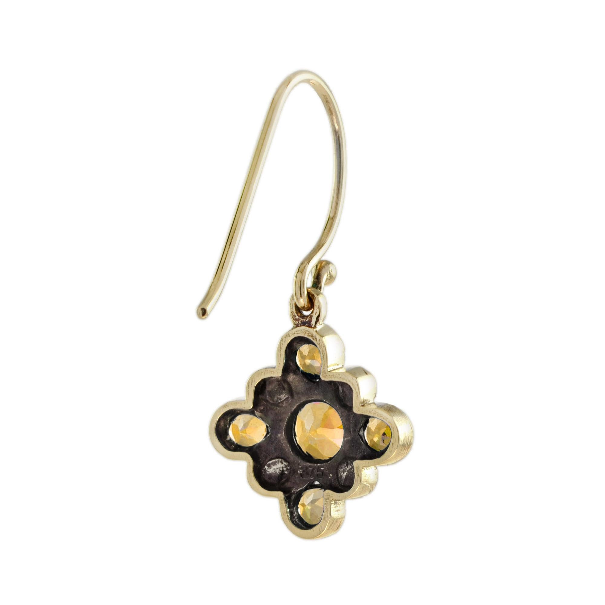 Taglio rotondo Orecchini a grappolo in stile vintage con citrino e perla in oro giallo 9K in vendita