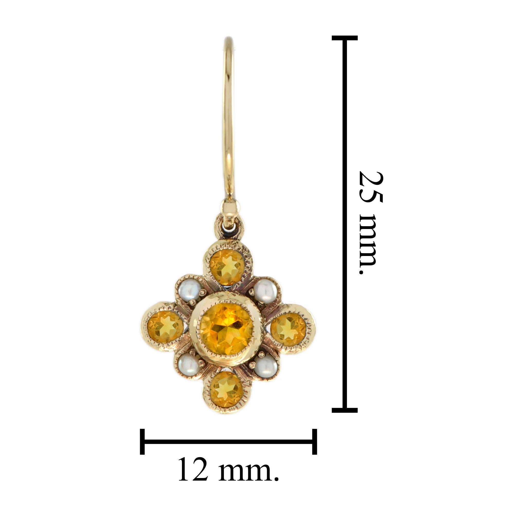 Orecchini a grappolo in stile vintage con citrino e perla in oro giallo 9K In condizioni Nuovo in vendita a Bangkok, TH