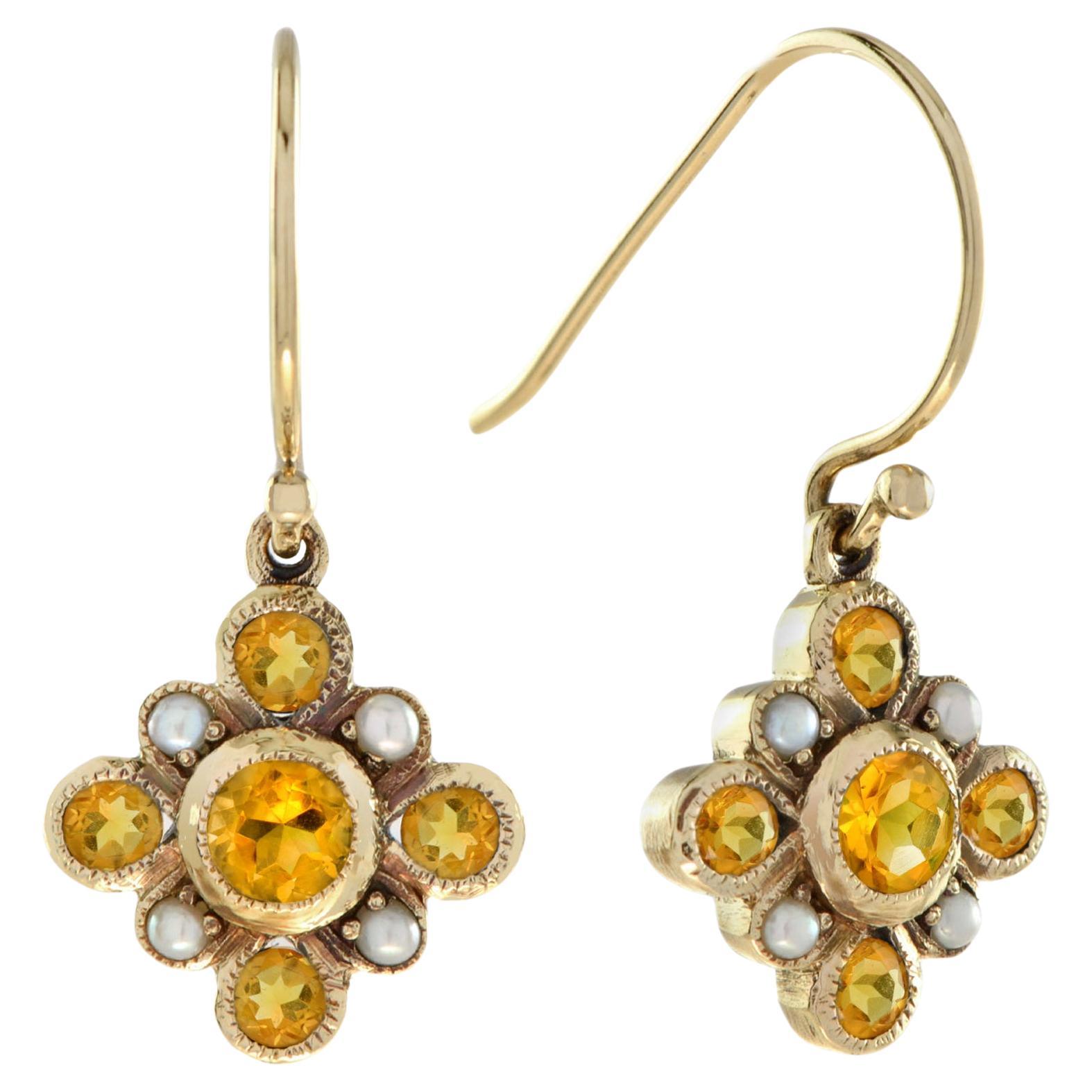 Citrine and Pearl Vintage Style Cluster Drop Earrings in 9K Yellow Gold
