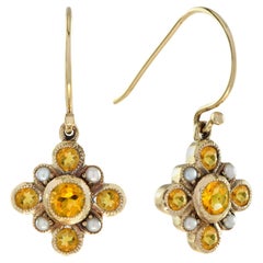 Citrine and Pearl Vintage Style Cluster Drop Earrings in 9K Yellow Gold