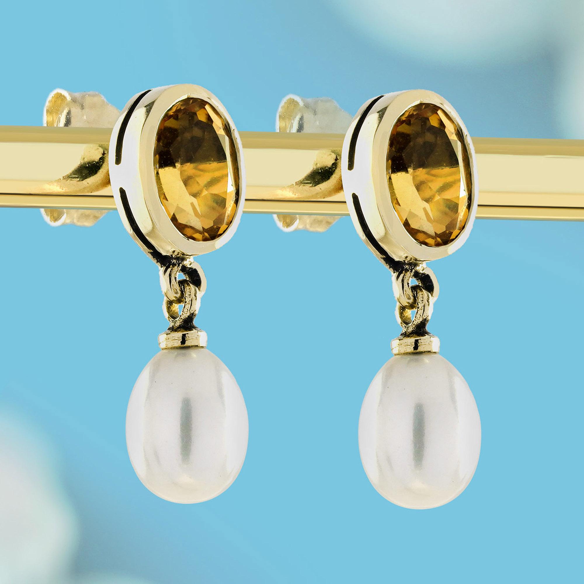 Pendientes de gota estilo vintage de citrino y perla en oro macizo de 9 quilates Eduardiano en venta