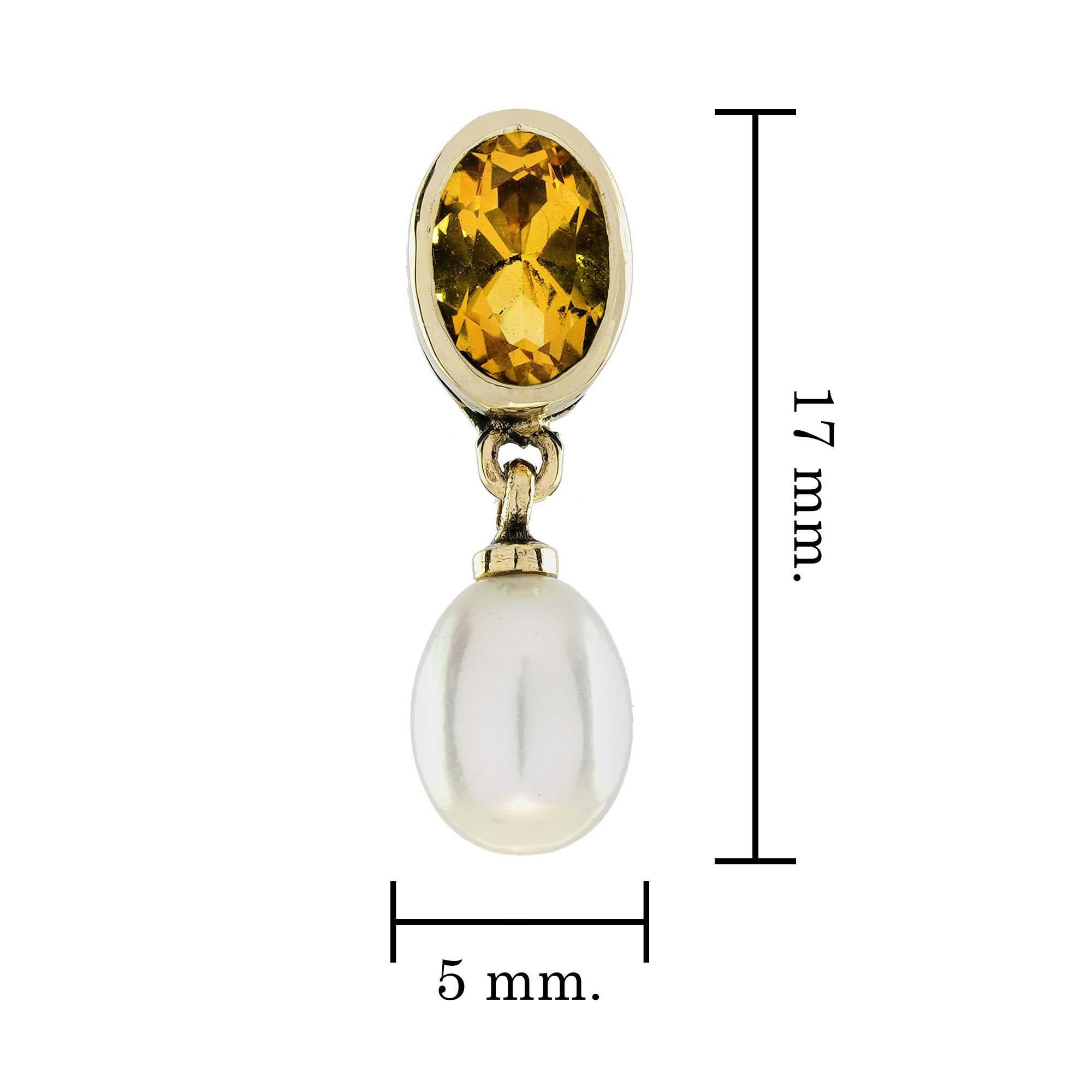 Pendientes de gota estilo vintage de citrino y perla en oro macizo de 9 quilates en Nuevo estado para la venta en Bangkok, TH