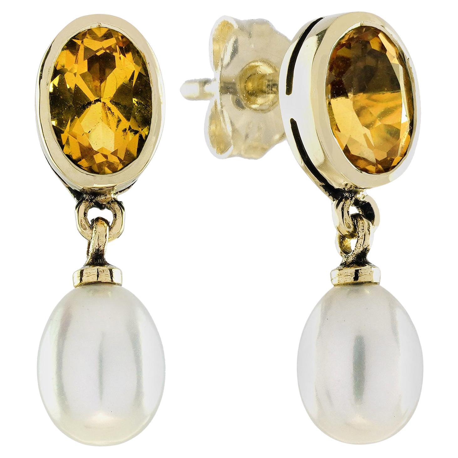 Citrine and Pearl Vintage Style Drop Earrings in Solid 9K Gold