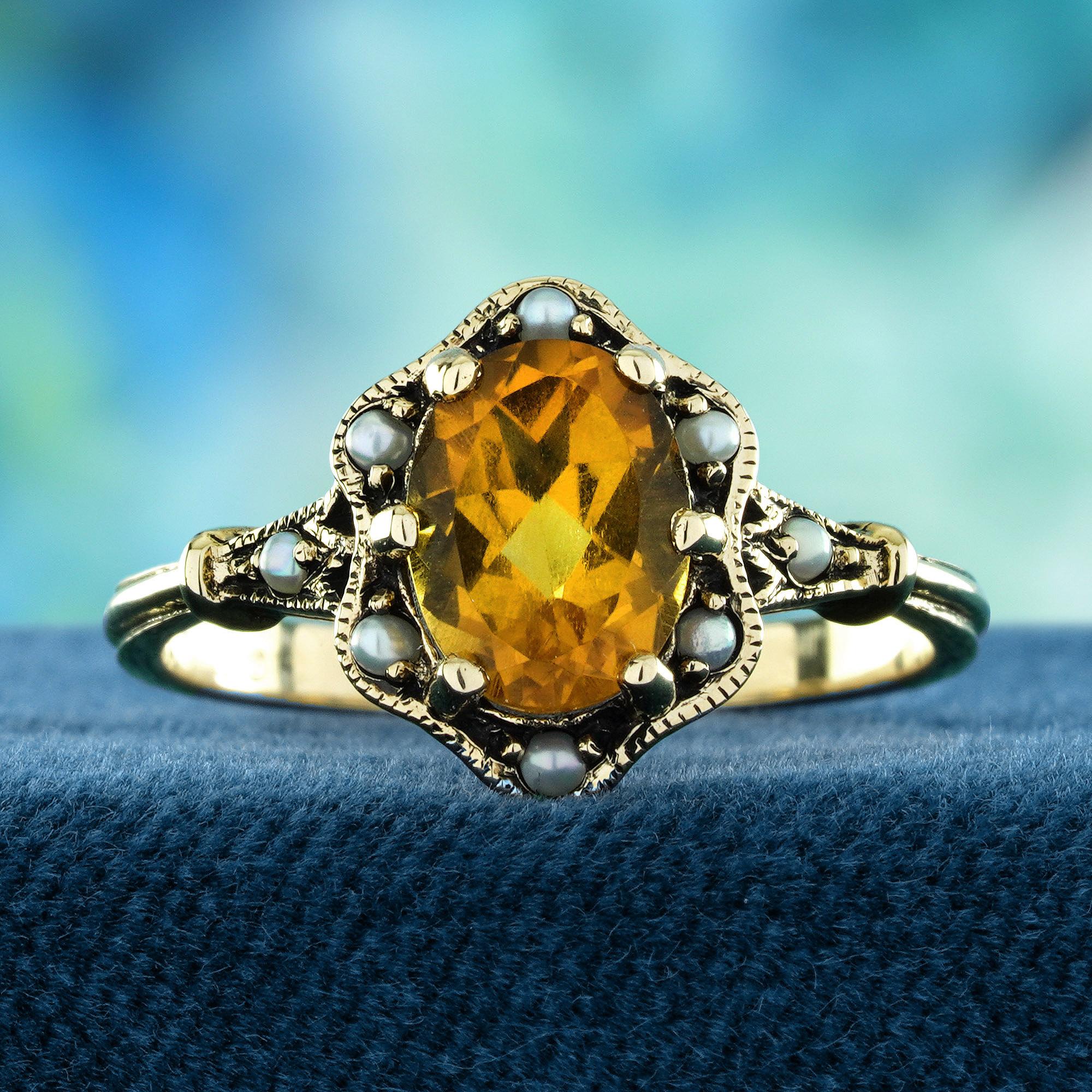 This vintage-style ring features a stunning oval-cut natural citrine at the center. Delicately surrounded by pearls, enhancing the rich golden hue of the citrine.
The floral-inspired design adds an elegant, antique charm to the piece. Soft, luminous