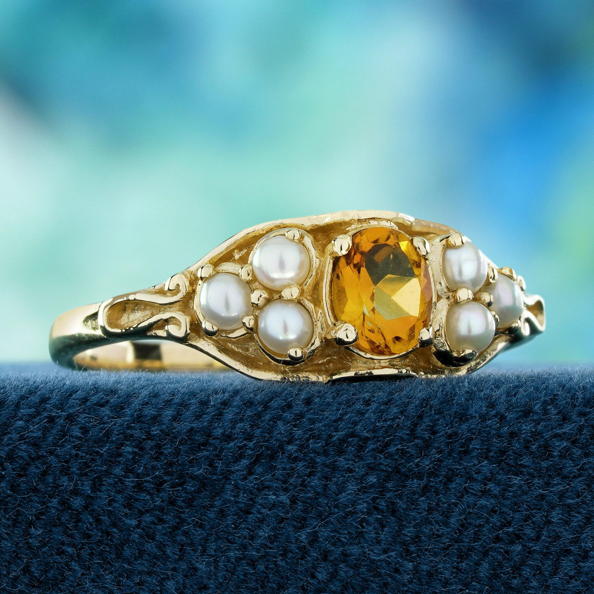 Edwardian Citrine and Pearl Vintage Style Floral  Ring in Solid 9K Yellow Gold For Sale