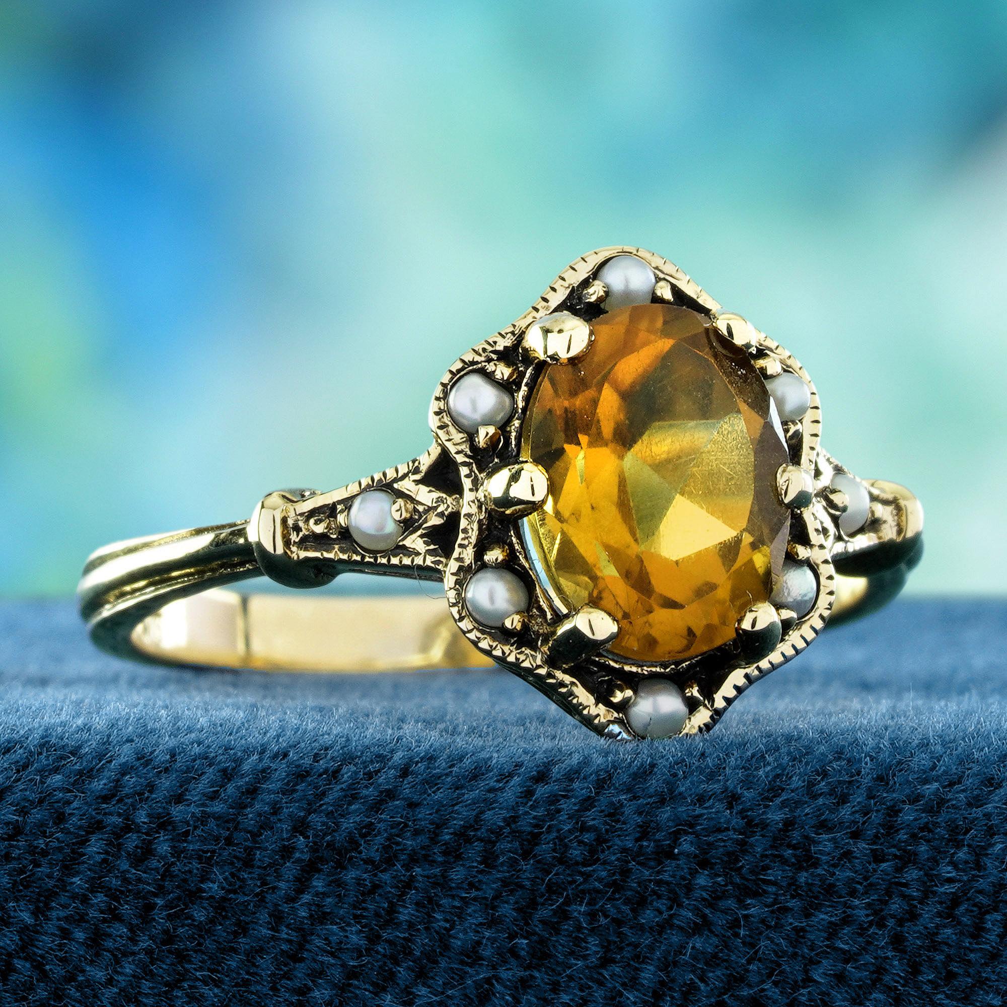 Edwardian Citrine and Pearl Vintage Style Floral  Ring in Solid 9K Yellow Gold For Sale
