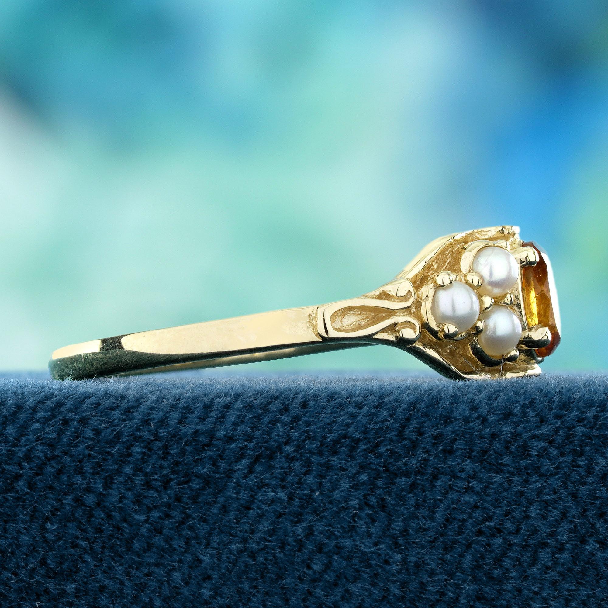 Oval Cut Citrine and Pearl Vintage Style Floral  Ring in Solid 9K Yellow Gold For Sale