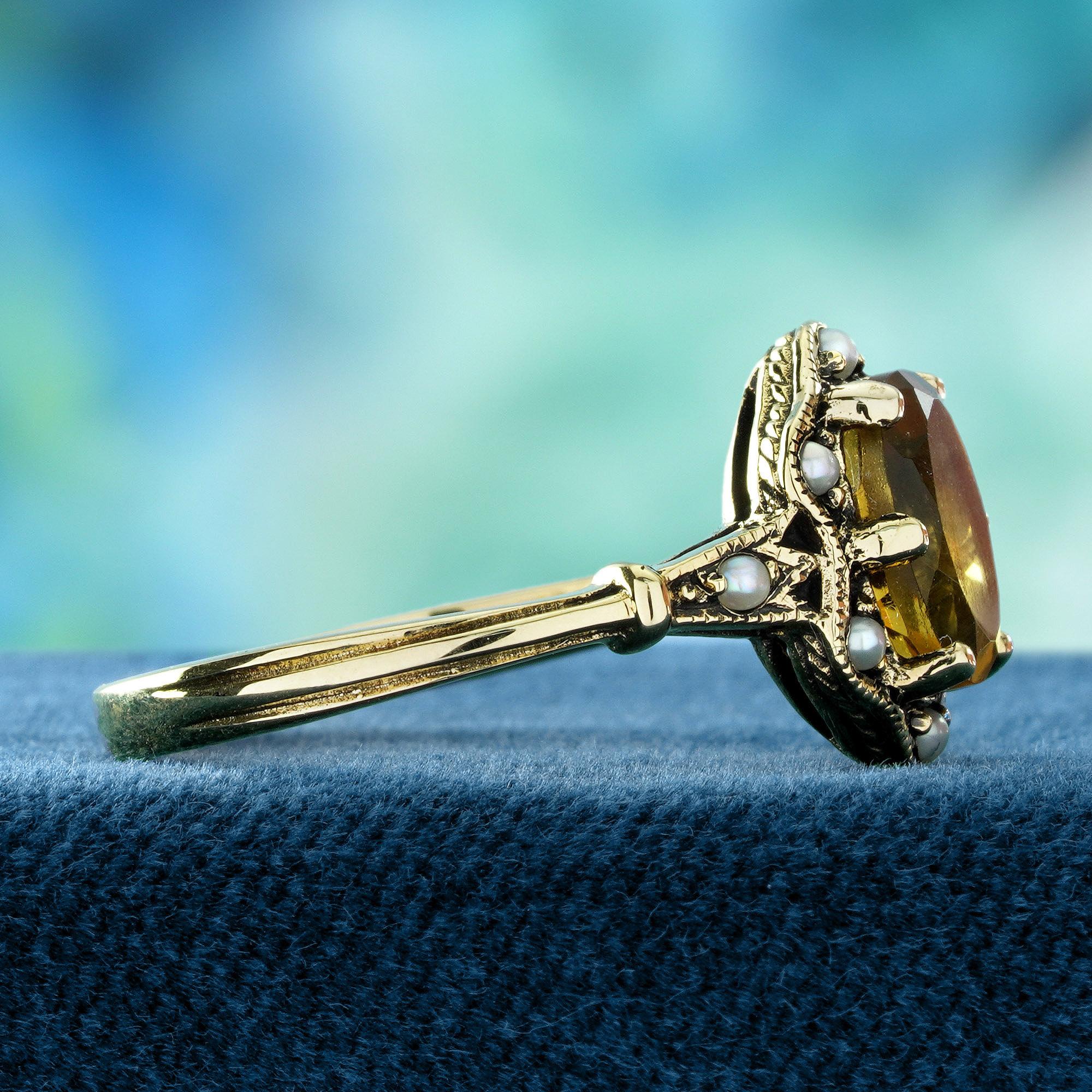 Oval Cut Citrine and Pearl Vintage Style Floral  Ring in Solid 9K Yellow Gold For Sale