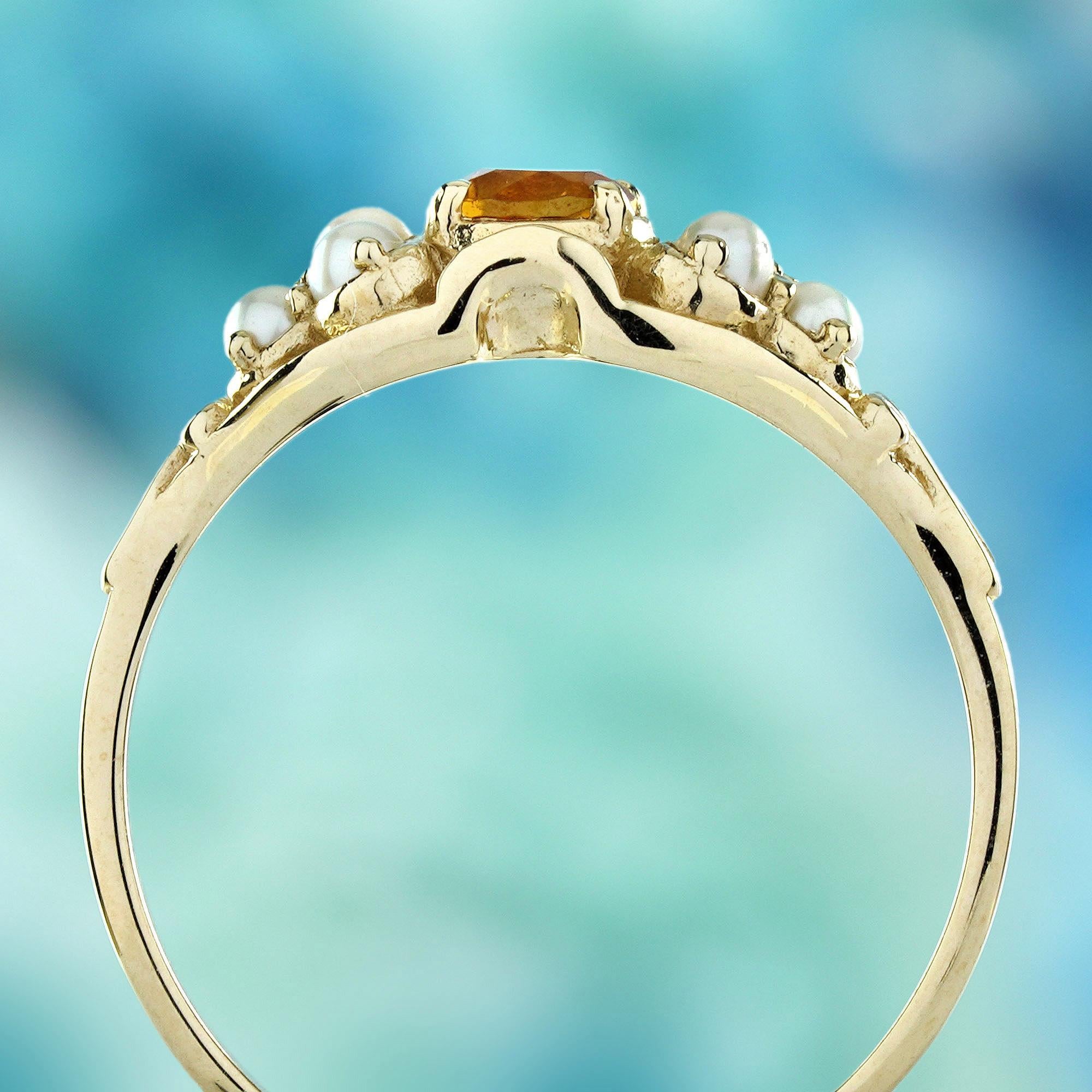 Citrine and Pearl Vintage Style Floral  Ring in Solid 9K Yellow Gold In New Condition For Sale In Bangkok, TH