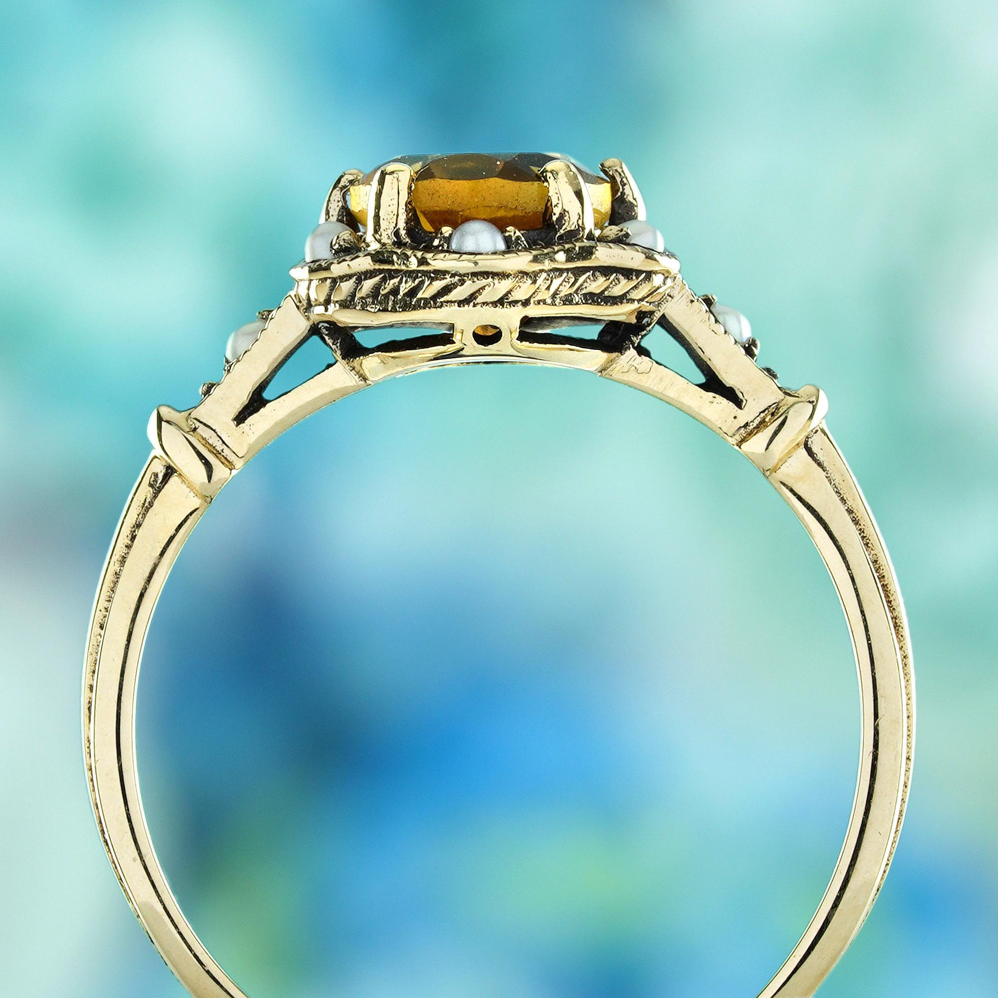 Citrine and Pearl Vintage Style Floral  Ring in Solid 9K Yellow Gold In New Condition For Sale In Bangkok, TH