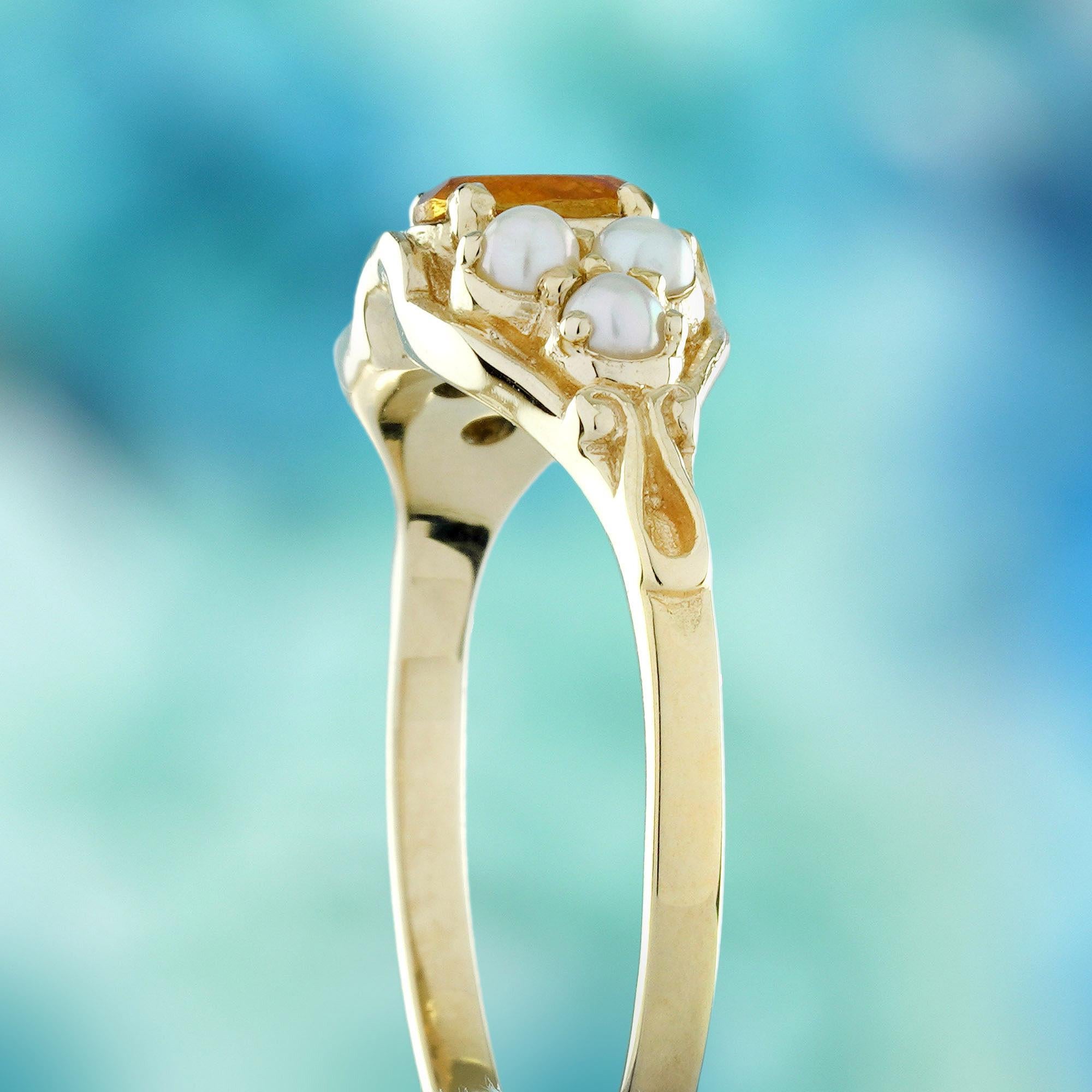 Women's Citrine and Pearl Vintage Style Floral  Ring in Solid 9K Yellow Gold For Sale