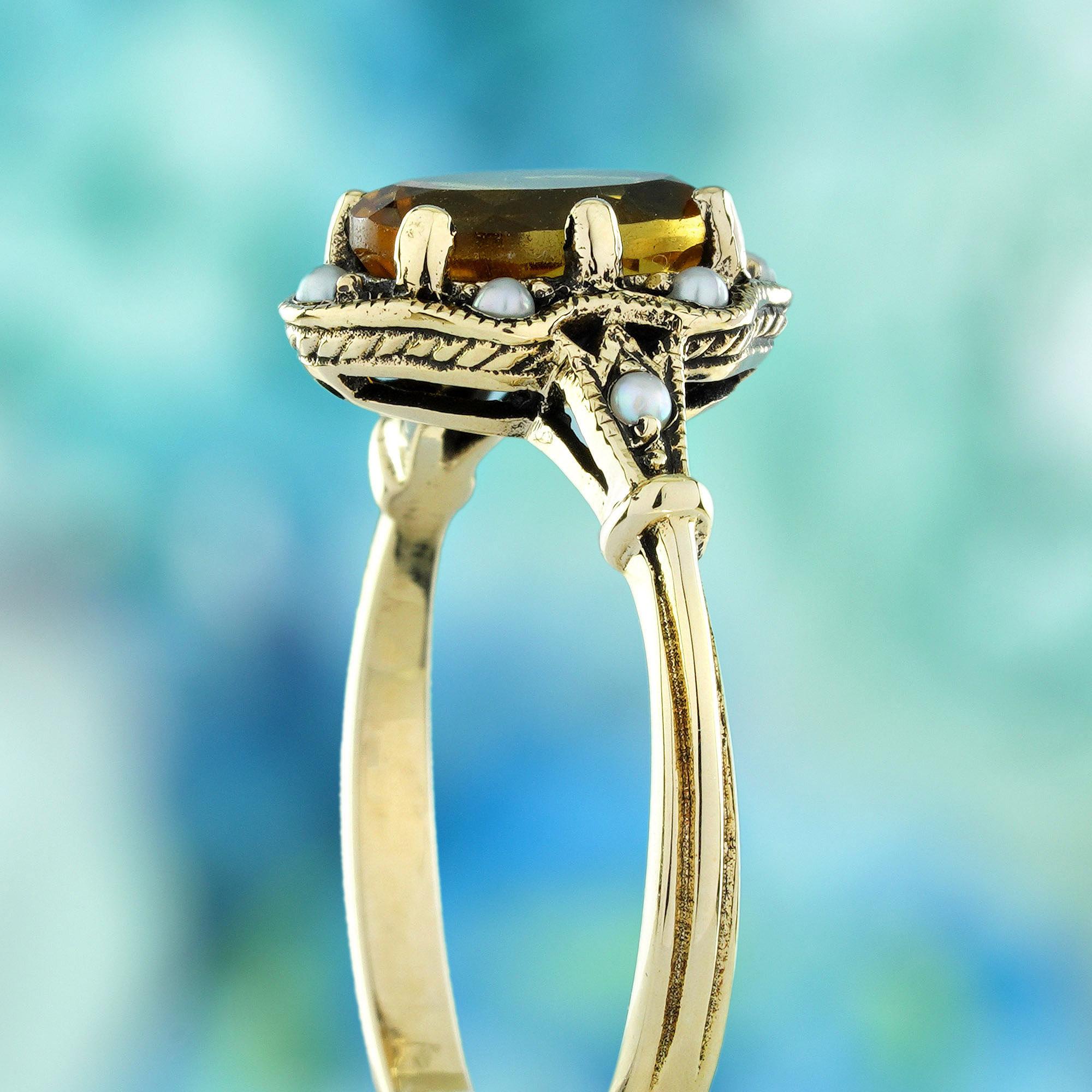 Women's Citrine and Pearl Vintage Style Floral  Ring in Solid 9K Yellow Gold For Sale