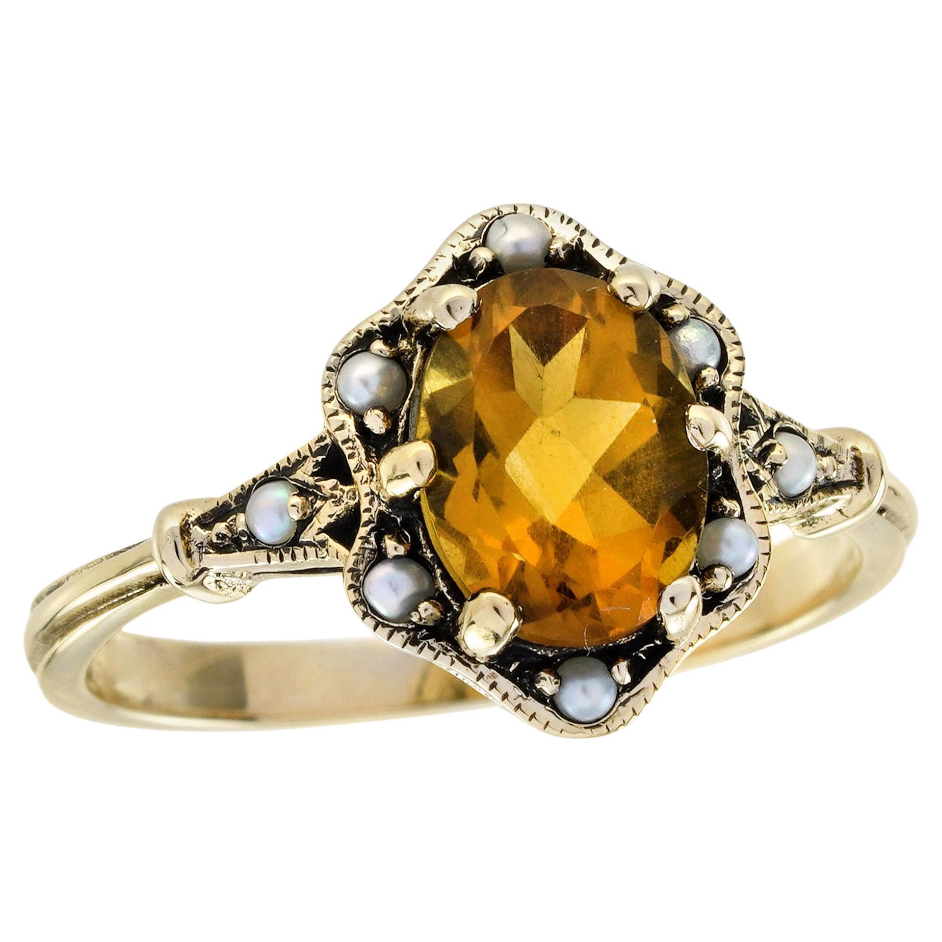 Citrine et Perle Style Vintage Floral  Bague en or jaune 9K massif