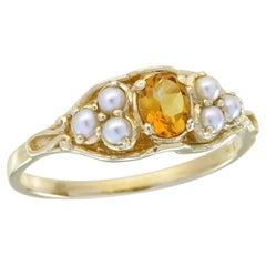 Citrine et Perle Style Vintage Floral  Bague en or jaune 9K massif