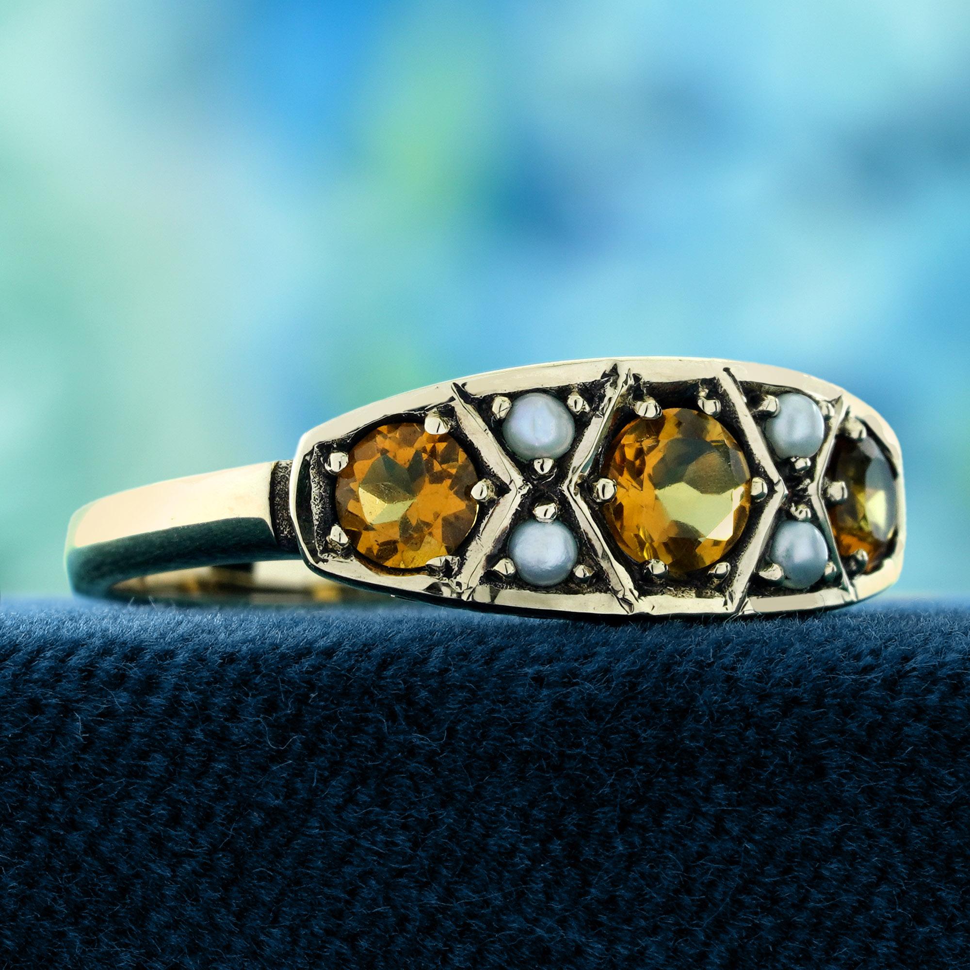 Citrin und Perle Vintage-Ring aus massivem 9K Gelbgold im Vintage-Stil (Edwardian) im Angebot