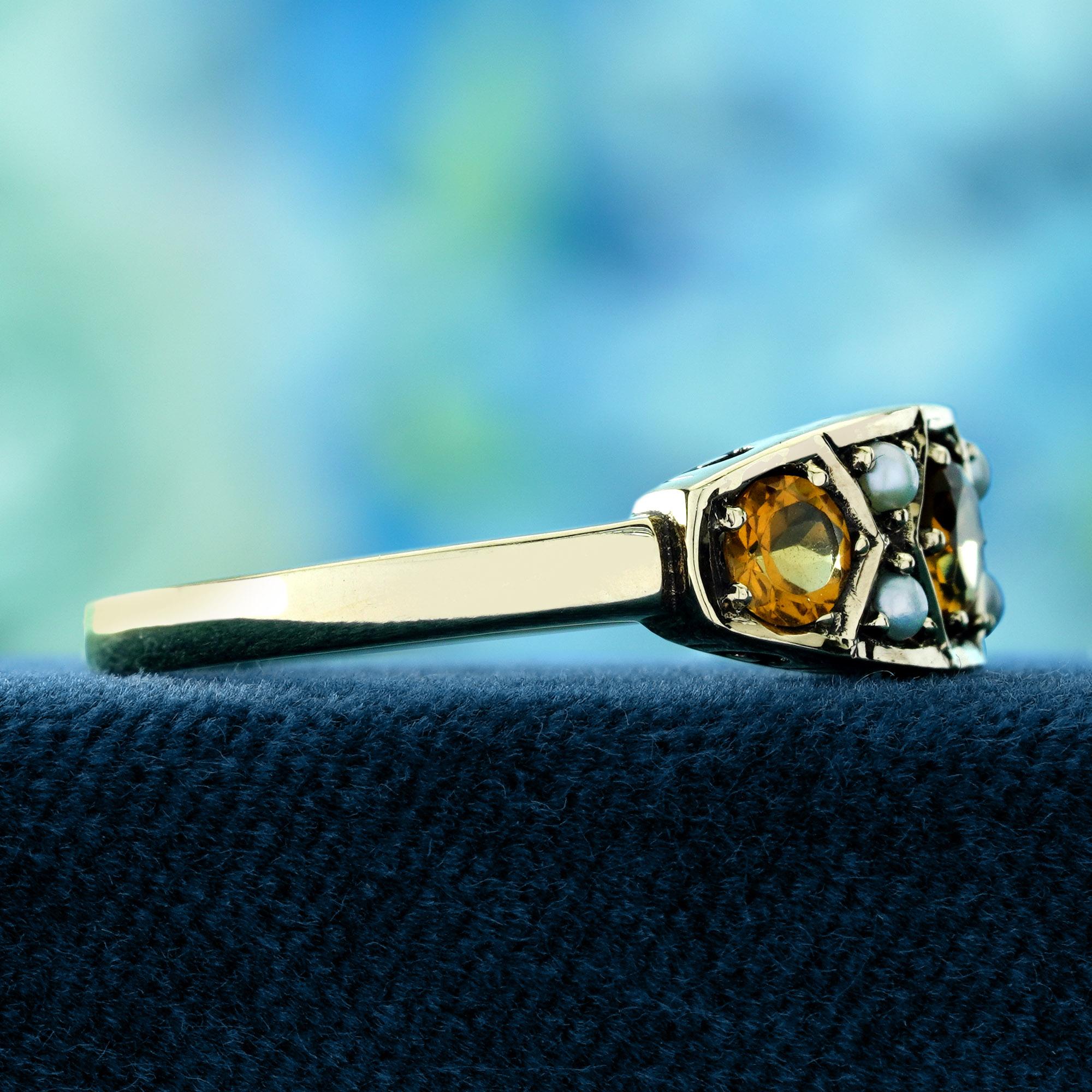 Citrin und Perle Vintage-Ring aus massivem 9K Gelbgold im Vintage-Stil (Rundschliff) im Angebot