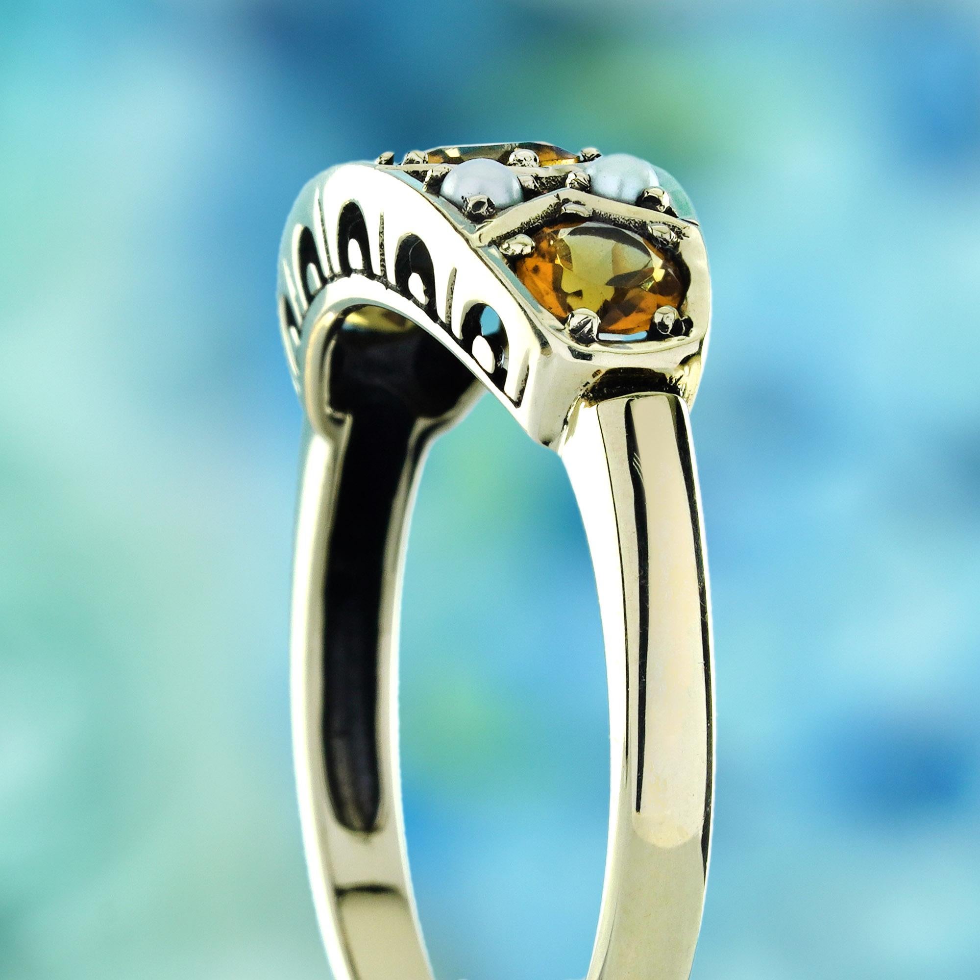 Citrin und Perle Vintage-Ring aus massivem 9K Gelbgold im Vintage-Stil Damen im Angebot