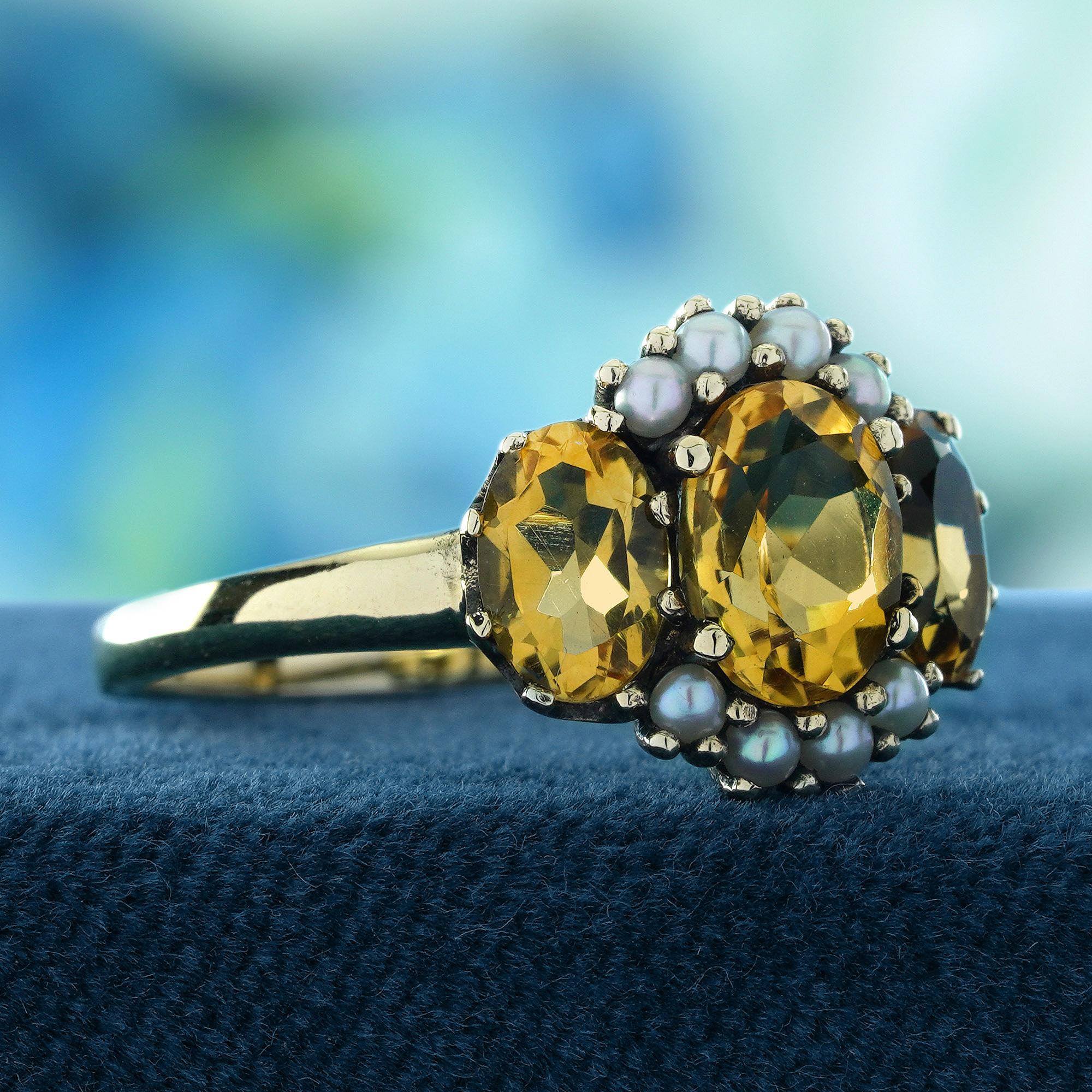 Citrin und Perle Vintage-Ring aus massivem 9K Gelbgold mit drei Steinen im Vintage-Stil (Edwardian) im Angebot