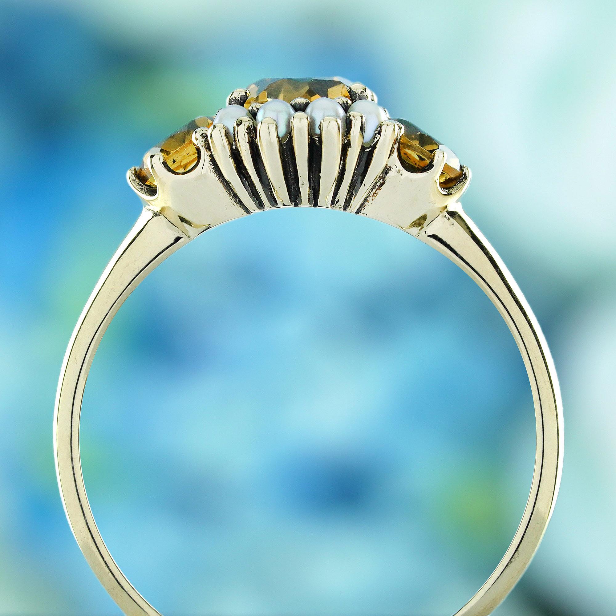 Citrin und Perle Vintage-Ring aus massivem 9K Gelbgold mit drei Steinen im Vintage-Stil im Zustand „Neu“ im Angebot in Bangkok, TH